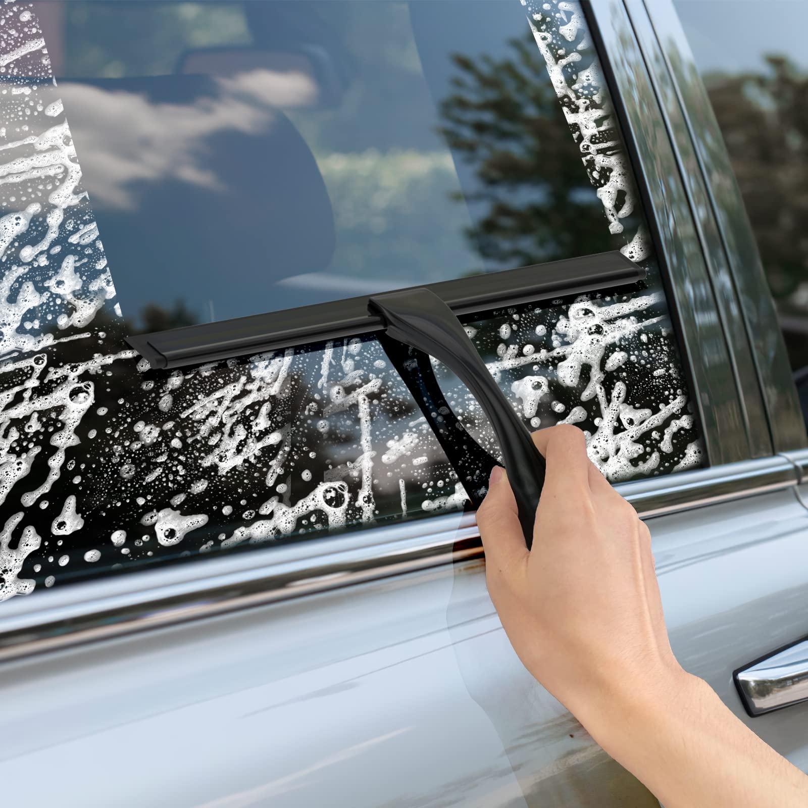 All-Purpose Stainless Steel Shower Squeegee For Shower Doors With 2 Adhesive Hooks, Bathroom Cleaner Tool Household Window Mirror Squeegee For Home Cleaning, Glass Door, Tile Wall, Car, 10 Inch Black