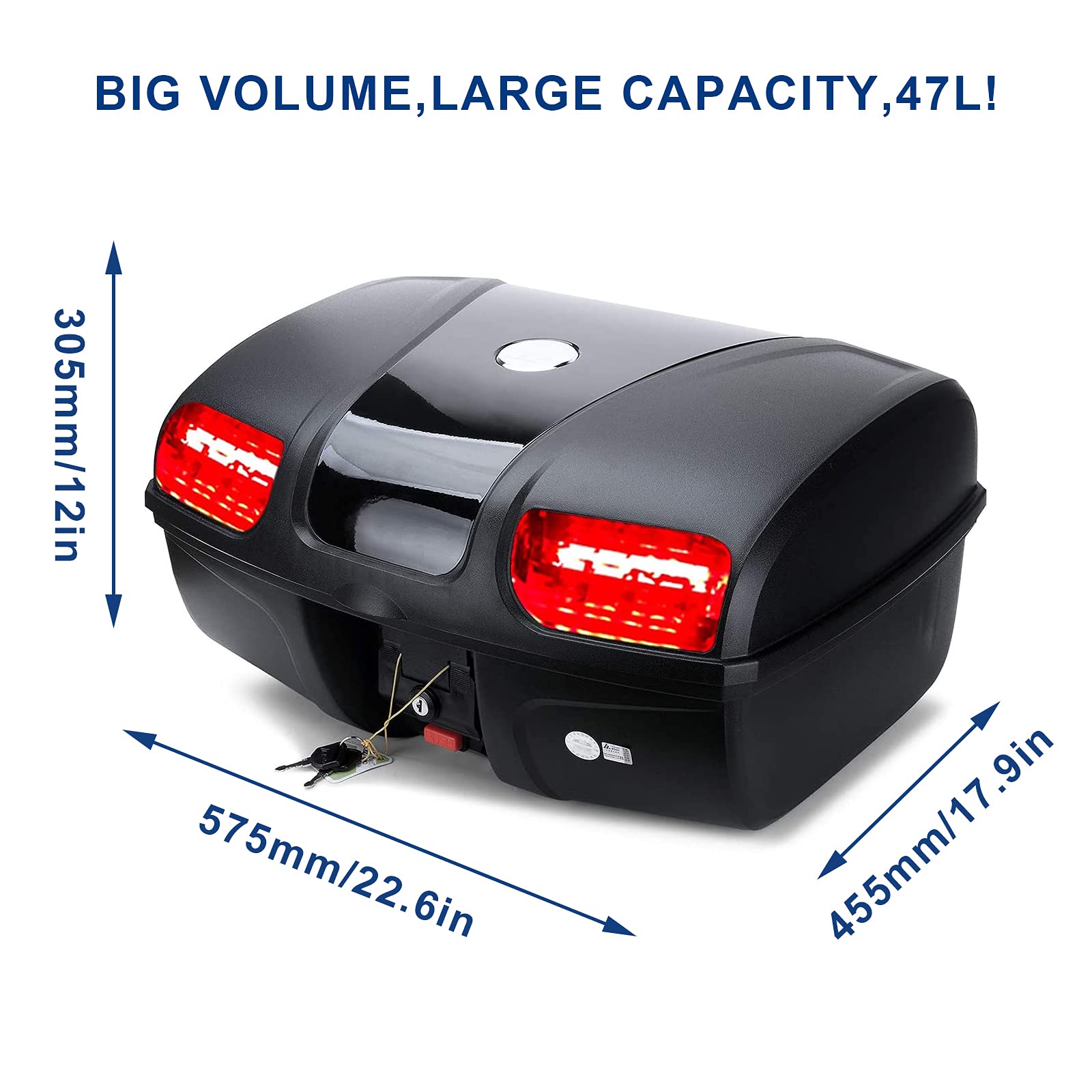 Mingting Universal Motorcycle Rear Top Box Tail Trunk Luggage Storage Case,47 Litre Hard Case With Mounting Hardware,With Led Light,Black