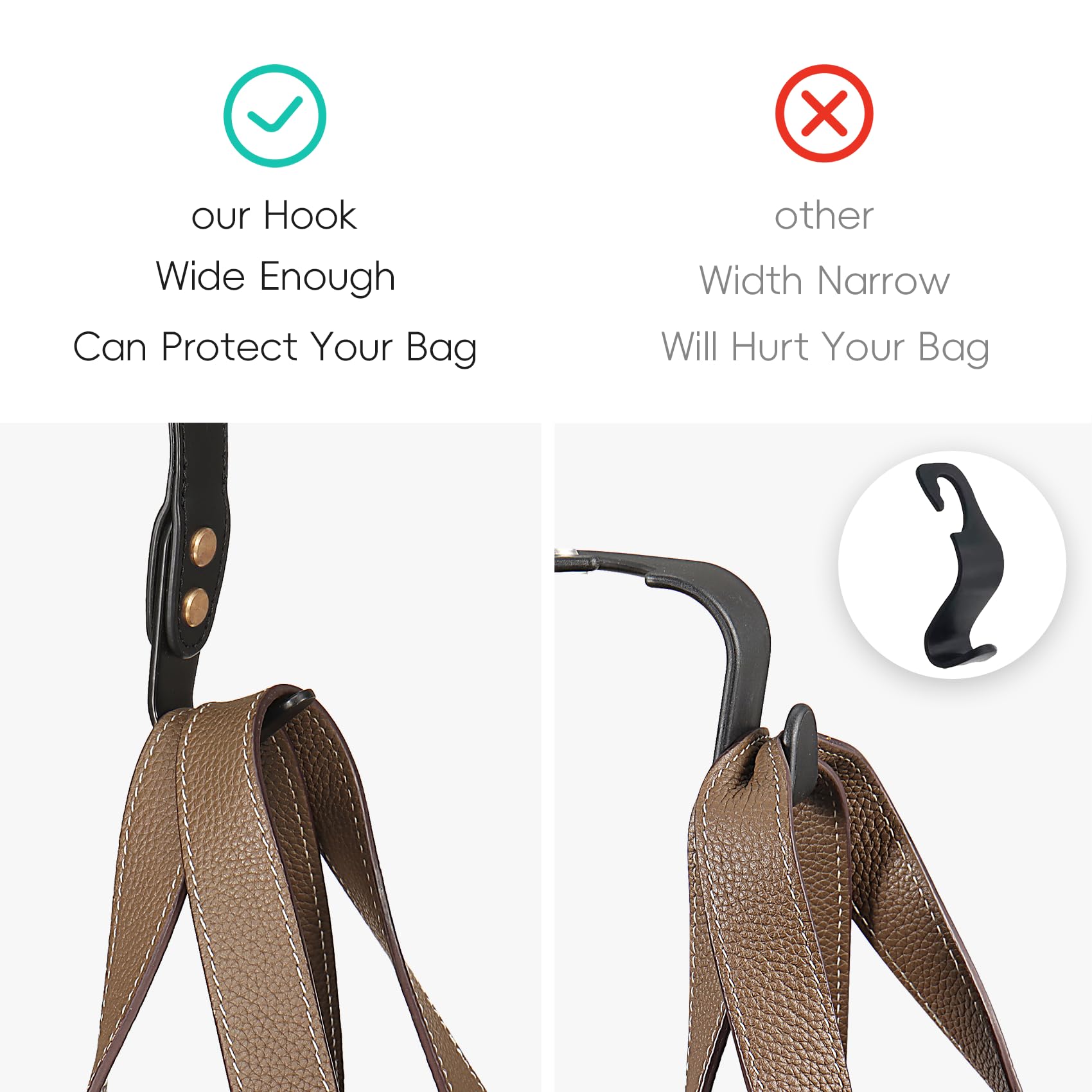 Compuda 2-Pack Car Hook Holder - Leather Headrest Hooks For Purses & Bags, Sus304 (Light Brown)