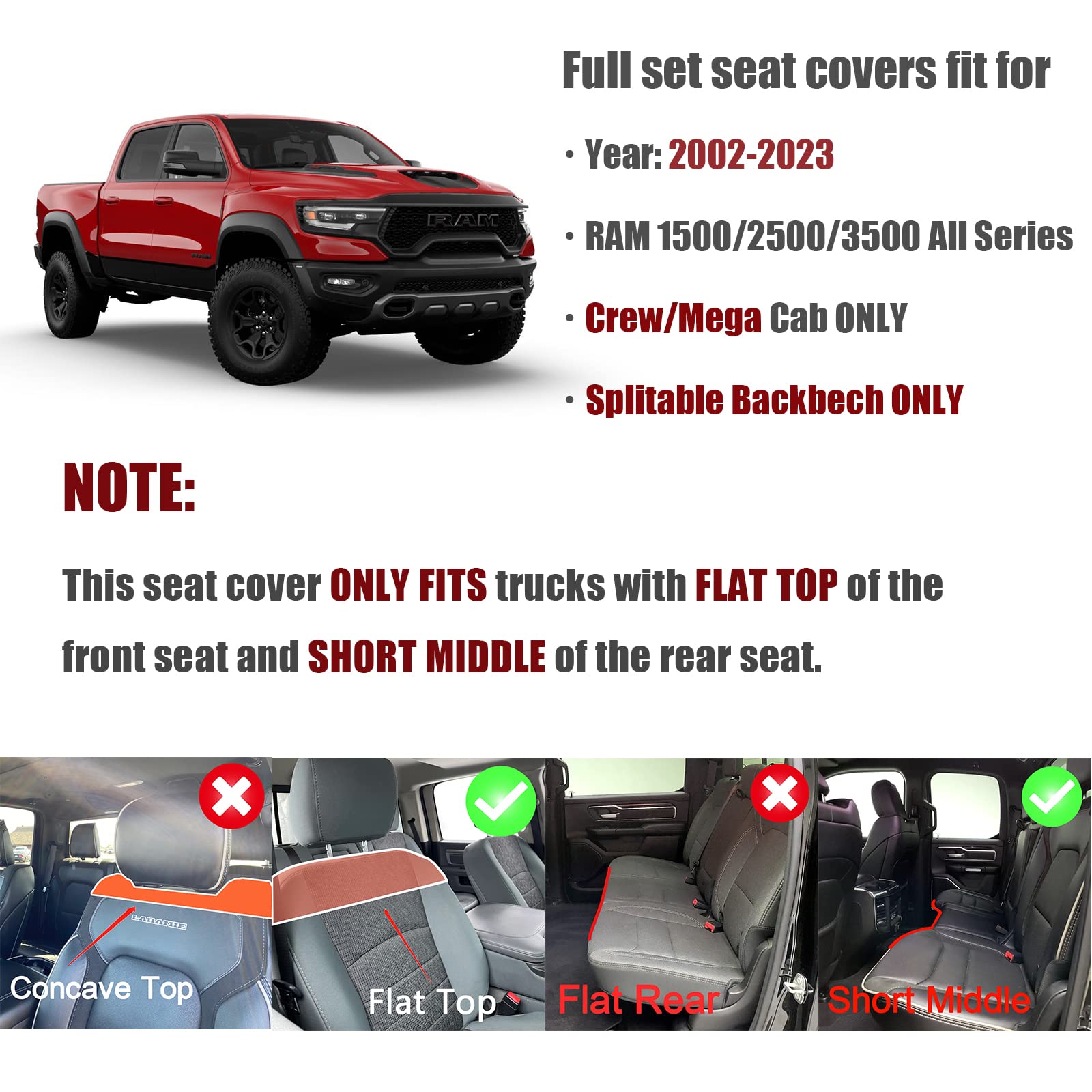 Truckiipa Dodge Ram Seat Covers Full Set, Full Coverage Luxury Car Seat Covers Waterproof Leather Protector Pickup Truck Accessories, Custom Fit For 2002-2023 Ram 1500 2500 3500 Crew Mega Cab