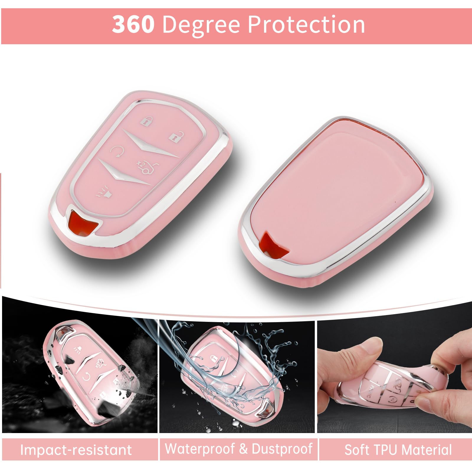 Pangpai Pink Key Fob Cover for Cadillac, Soft TPU Key Case Protection with Bling Keychain Fit for Cadillac Escalade CTS SRX XT5