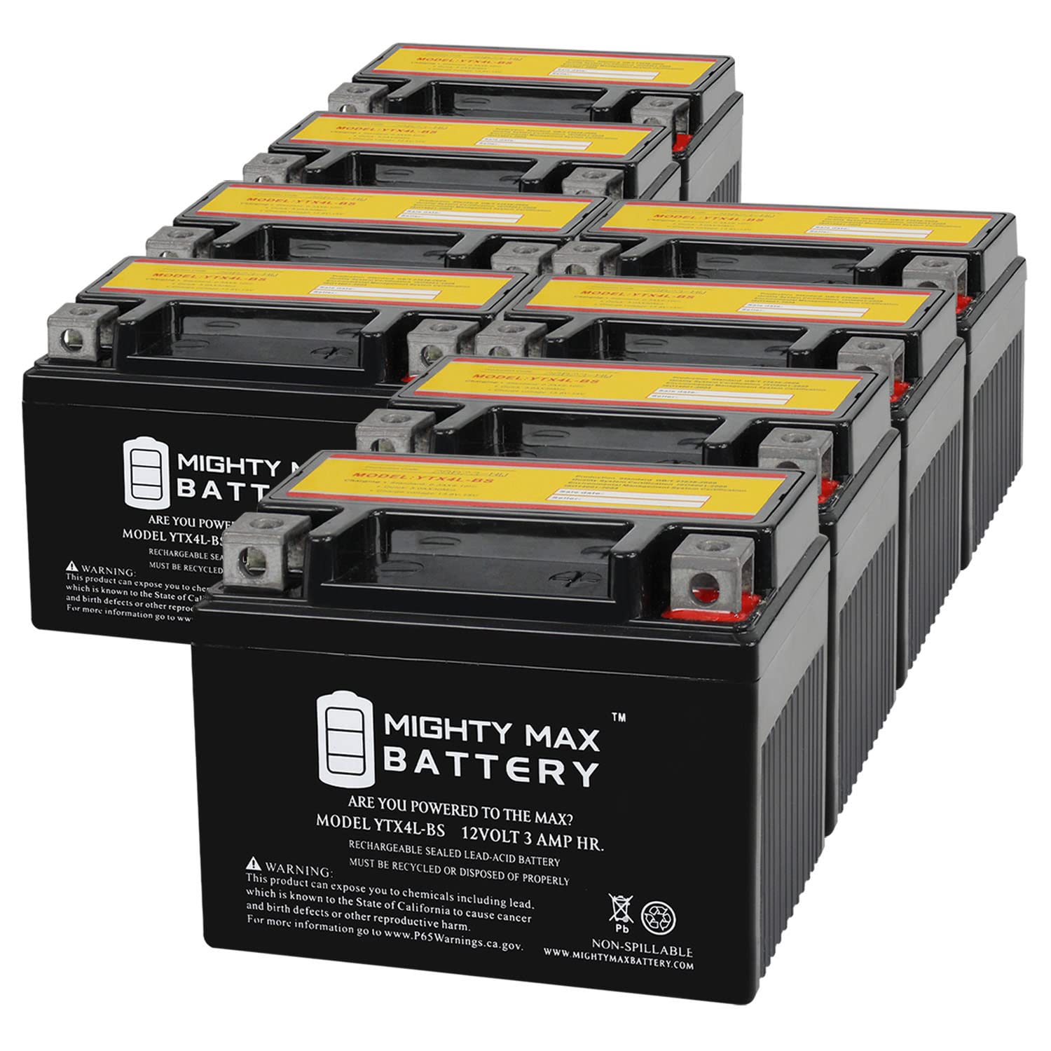 Mighty Max Battery Ytx4L-Bs 12 Volt 3Ah Motorcycle Battery Replaces Ytx4L-Bs - 8 Pack