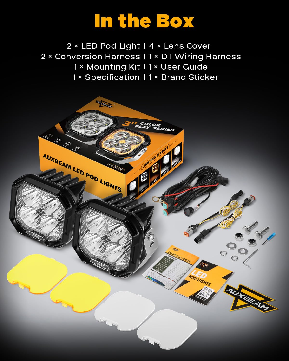 Auxbeam Color Play Series Spot Beam 3'' 100W Led Pods, Amber White Drl & Turn Signal, Dual Color Lens Covers, 11600Lm Cube Light