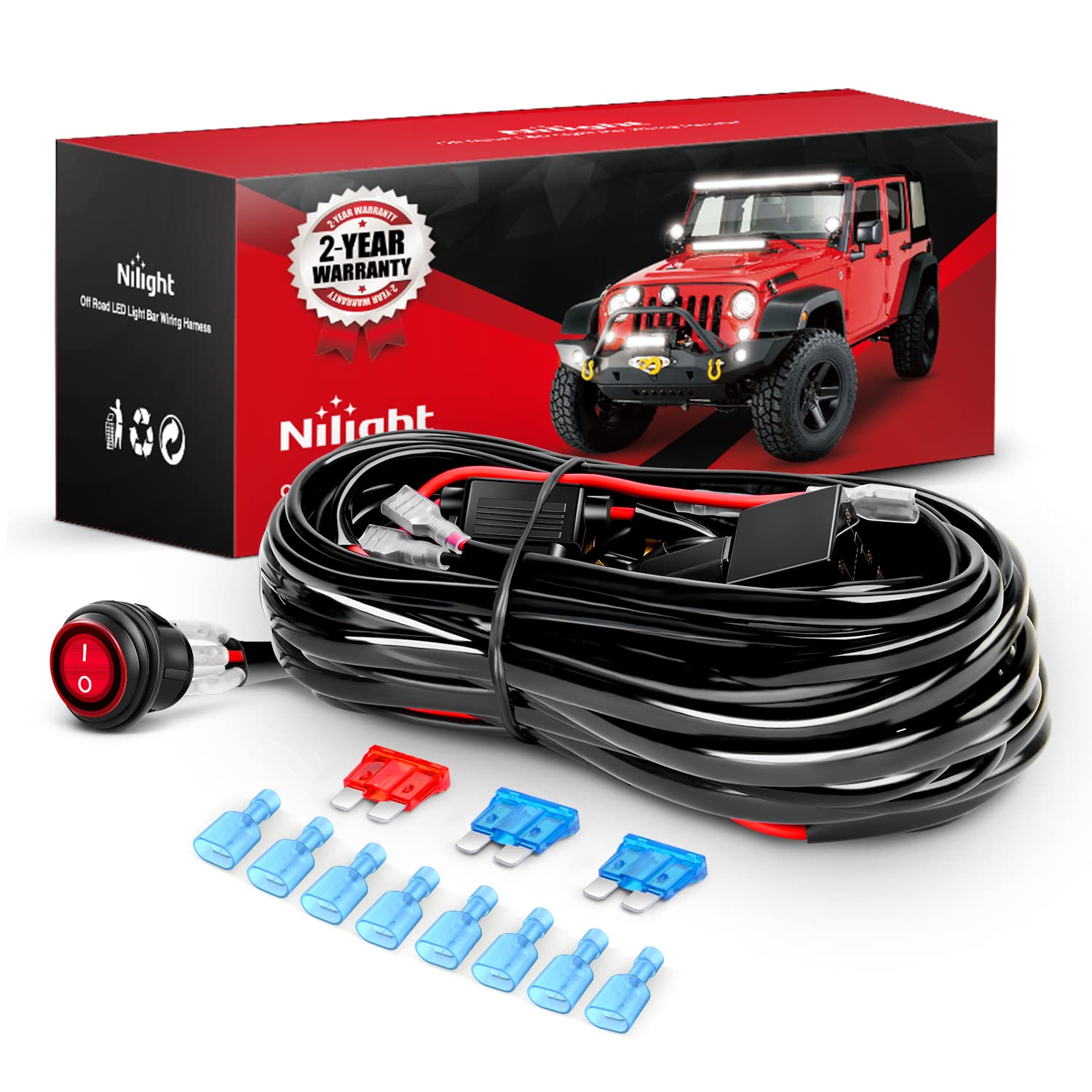 Nilight Led Light Bar Wiring Harness Kit 16Awg 12V On Off Waterproof Switch Power Relay Blade Fuse-4 Leads