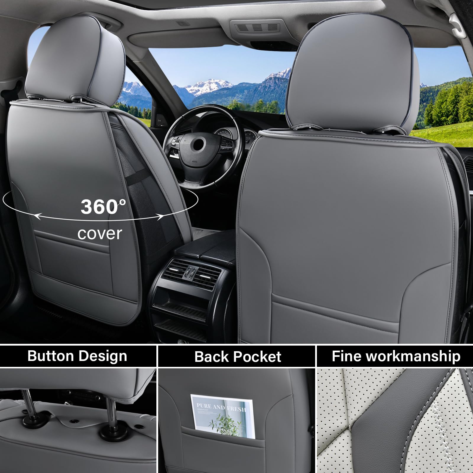 Coverado Seat Covers, Car Seat Covers Full Set, 5 Seat Universal Leather Seat Covers For Cars, Seat Covers Waterproof, Front And Back Car Seat Protector, Auto Seat Covers Fit For Most Vehicles, Gray