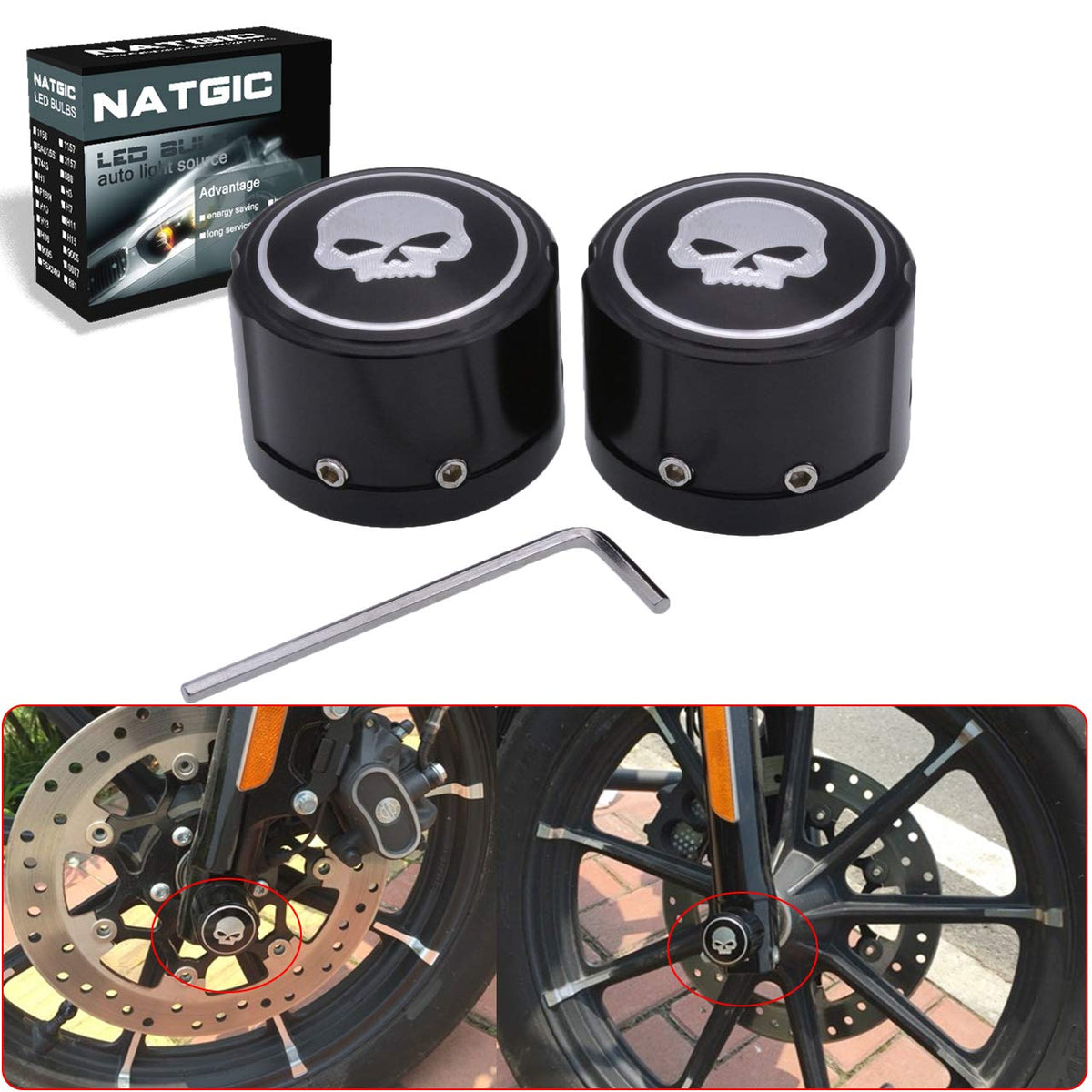 Natgic Skull Front Axle Cover Cap Cnc Aluminum Rc Nut Rough Crafts Bolt Kit For Har*Ley Sport-Ster Xl883 1200 Electra Street Gli