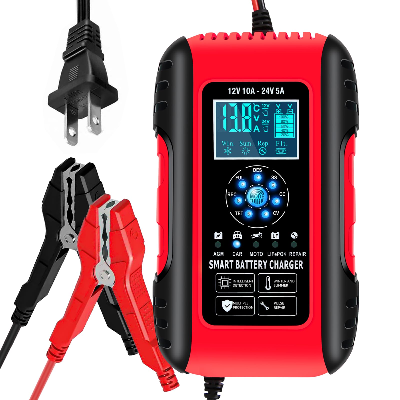 Battery Charger, 10A Lifepo4 Lead Acid Car Battery Charger, Upgraded Automobile Trickle Charger 12/24V, All in 1 Battery Maintai