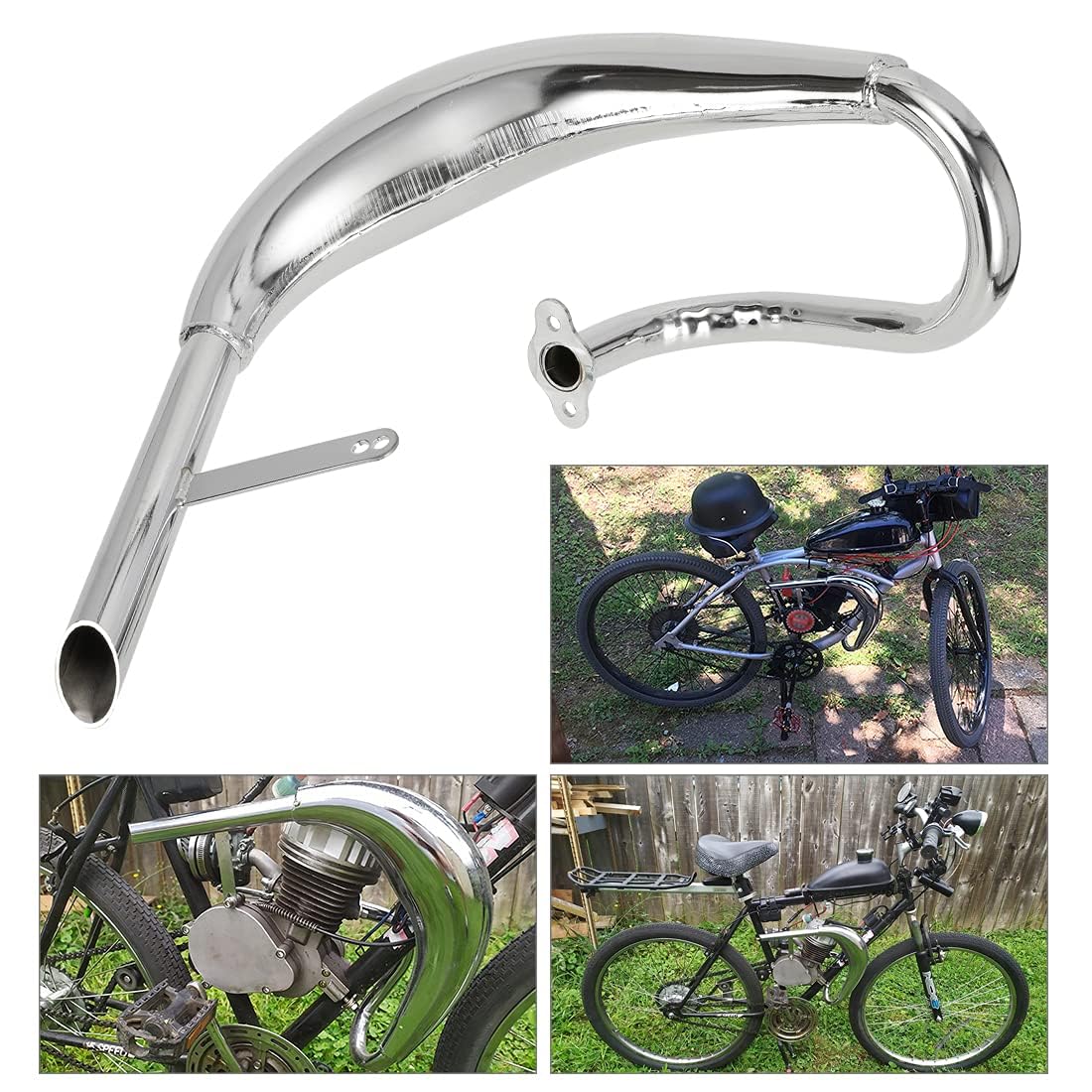 FVRITO Chrome Exhaust Muffler Expansion Chamber Pipe Silencer Gasket for 2 Stroke 50cc-100cc Gas Motorized Bicycle - Silver