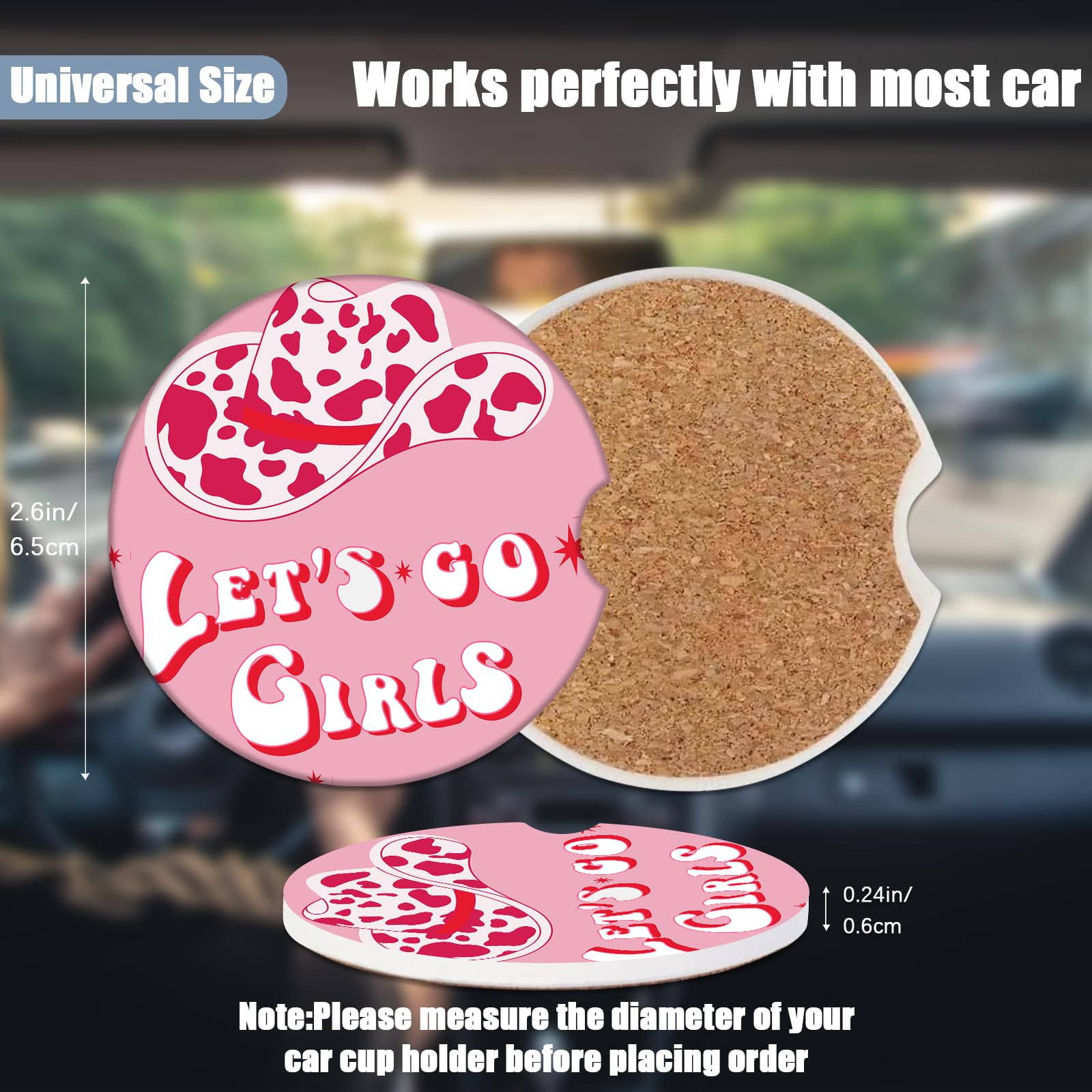 Car Cup Holder Coaster - Cow Hat Let's go Girl Women Absorbent Ceramic Coaster, Car Coasters for Cup Holders, Auto Accessories f