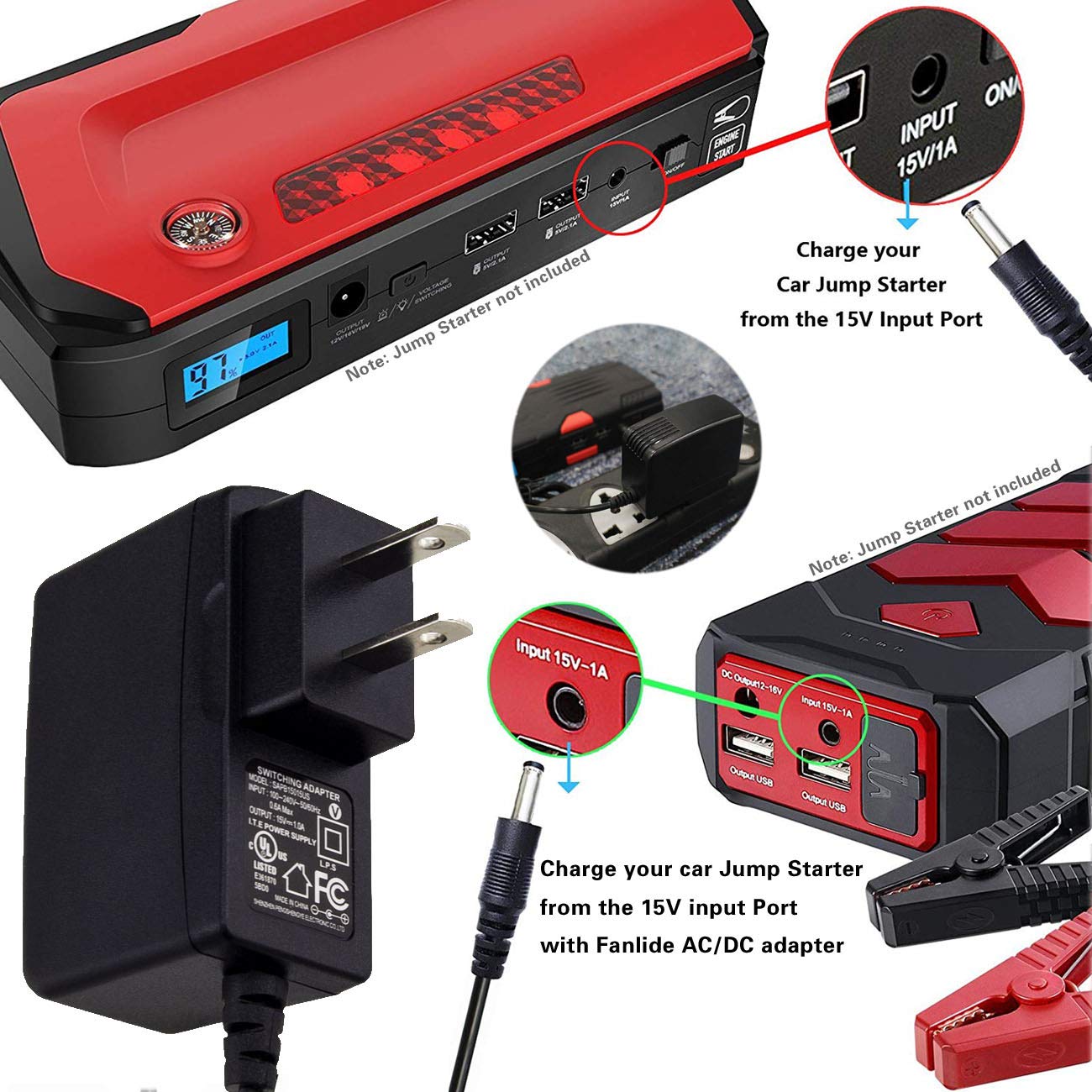 Fanlide Dc 15V 1A Adapter Charger For Car Jump Starter, Peak 450A 500A 600A 800A 1000A Auto Battery Booster Jump Starter Charger