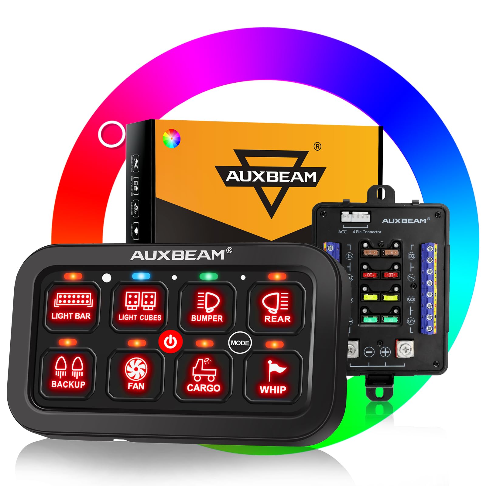 Auxbeam Switch Panel Rb80 Rgb 8 Gang Switch Panel Auto-Dimmable Multifunction Switch Panel W/Momentary Toggle Pulsed Memory, Alu
