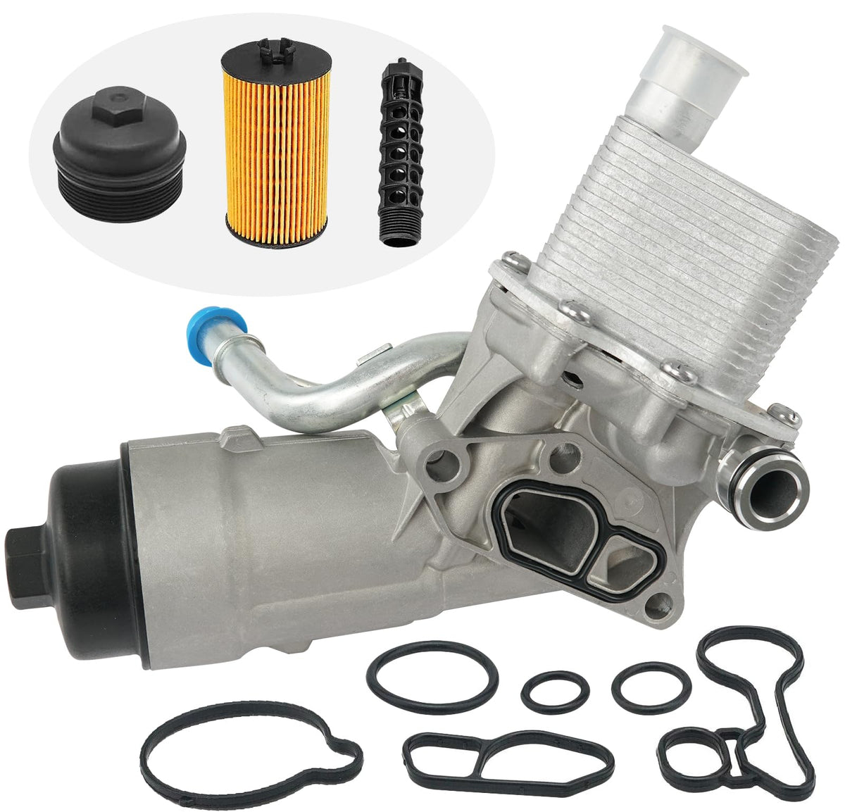 Engine Oil Cooler Filter Housing Assembly Adapter with Gasket, Filter Insert, Cap Compatible with 2011-2021 Chevy Cruze Sonic Tr