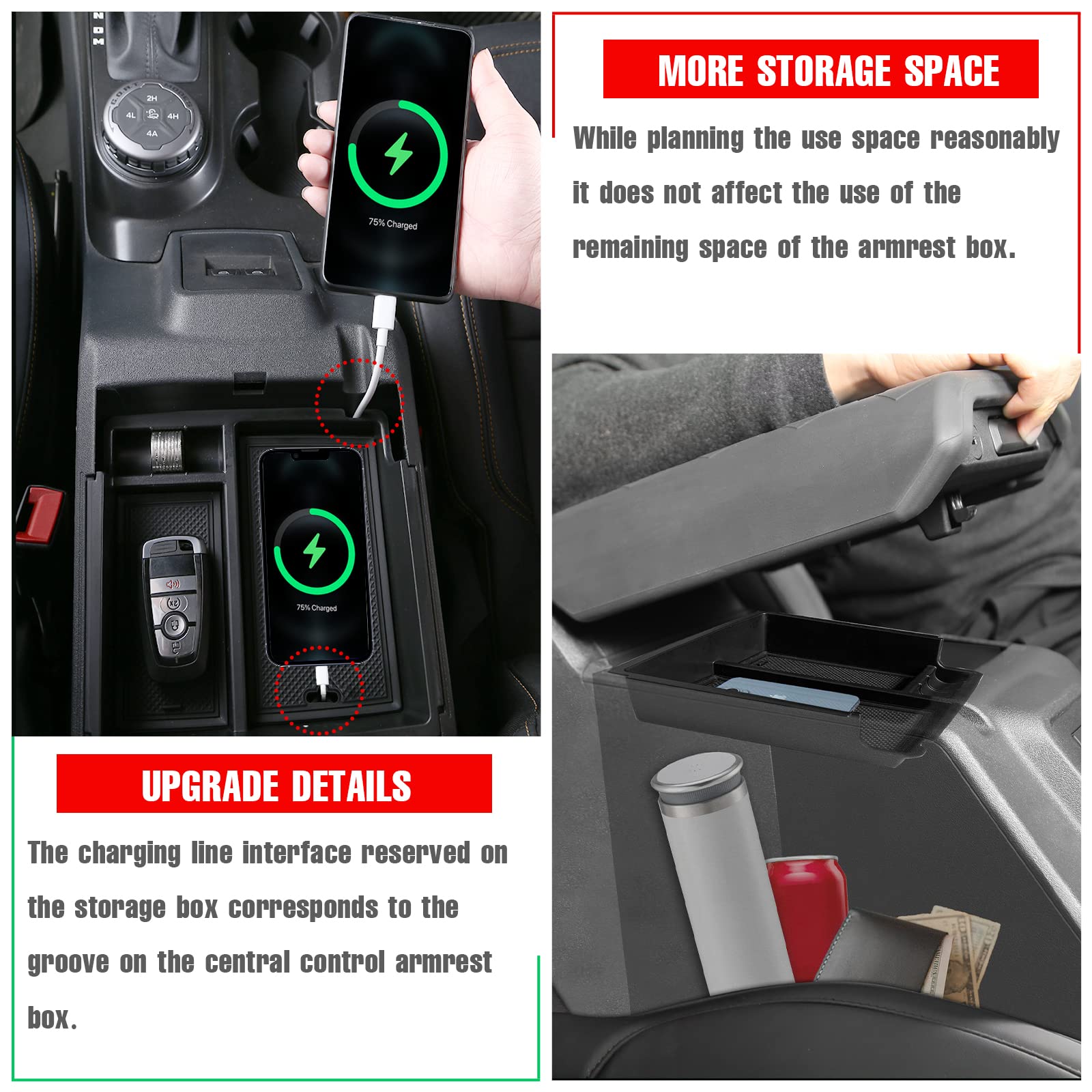 Mabett Center Console Organizer Compatible With Ford Bronco 2021 2022 2023 2024, Armrest Storage Box Fit Bronco Accessories 2/4-Door, Insert Upper Tray Black