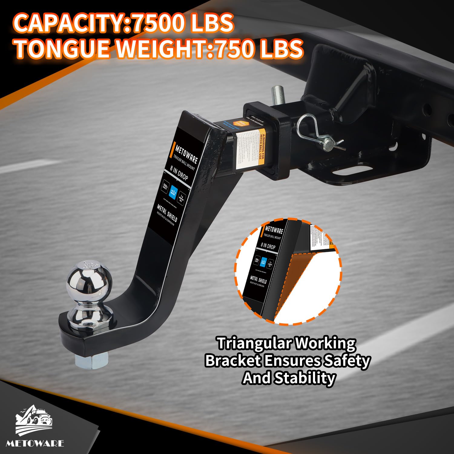 METOWARE Trailer Hitch Ball Mount with 2-Inch Trailer Ball, Fits 2-Inch Receiver, 7500lbs Capacity Ball Hitch, 8-Inch Drop, Holl