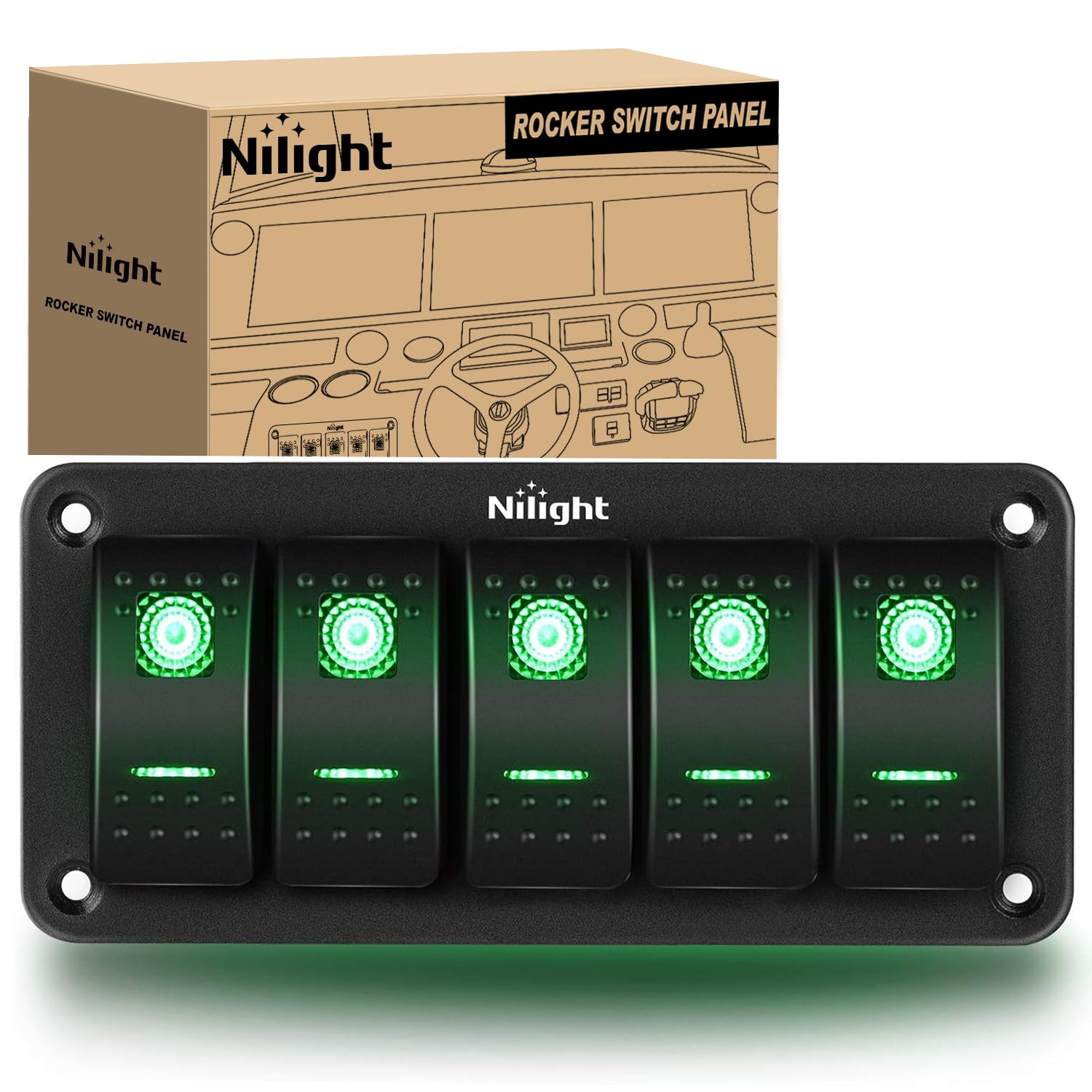 Nilight 5 Gang Rocker Switch Panel 5Pin On Off Toggle Switch Aluminum Holder 12V 24V Dash Pre-Wired Green Backlit Switches For A