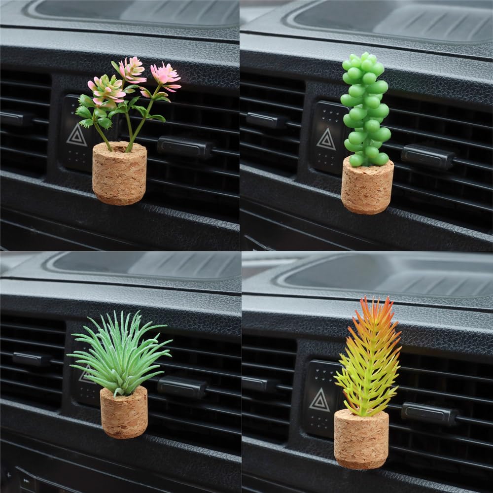 ZOSTLAND Artificial Plant Decor, Car Air Vent Clip & Magnet Display, Auto & Home Accessory Gift (4pcs Plants)