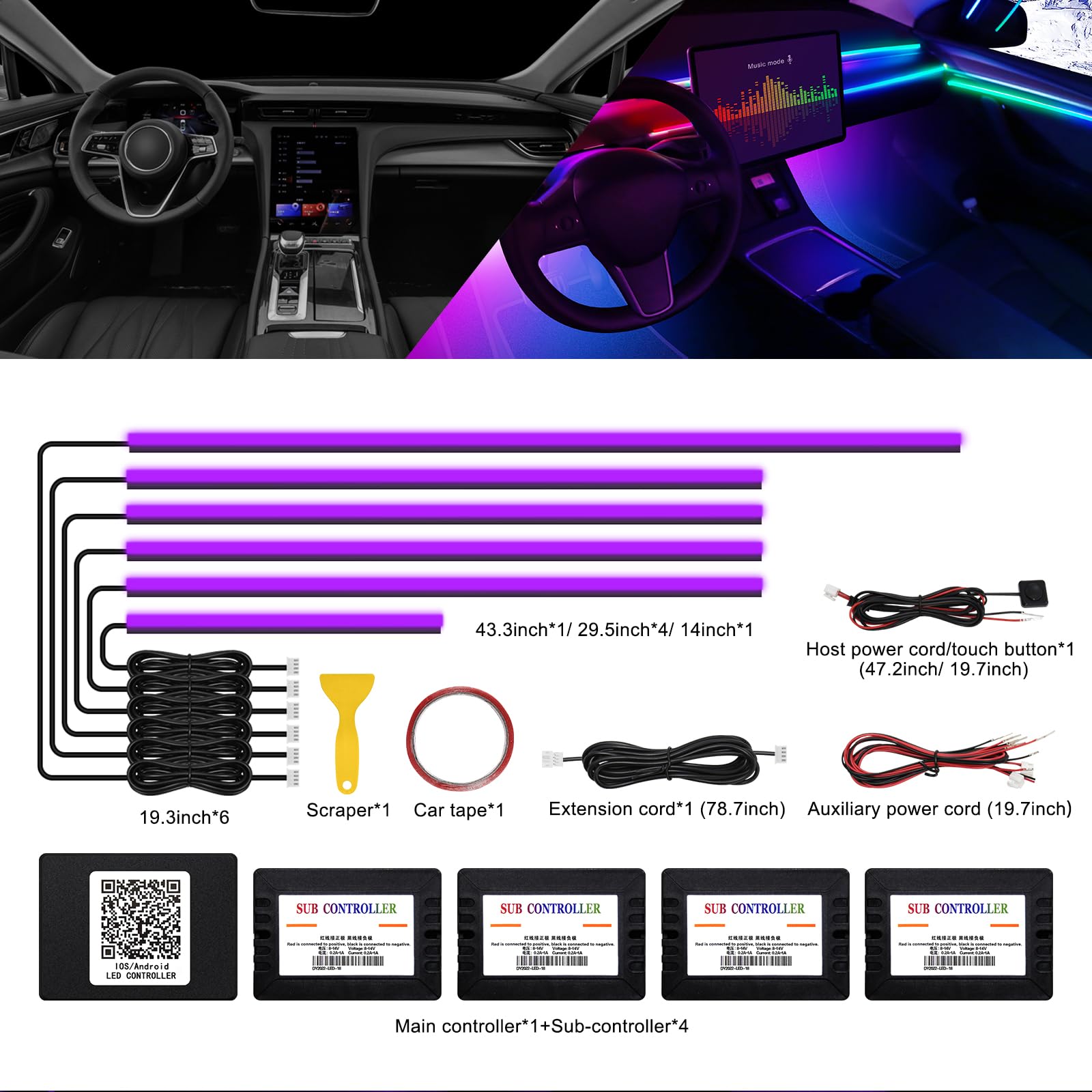 Acrylic Interior Car Led Strip Light With Wireless App, Rgb 6 In 1 With 175 Inches 593 Leds Fiber Optic Ambient Lighting Kits, 1