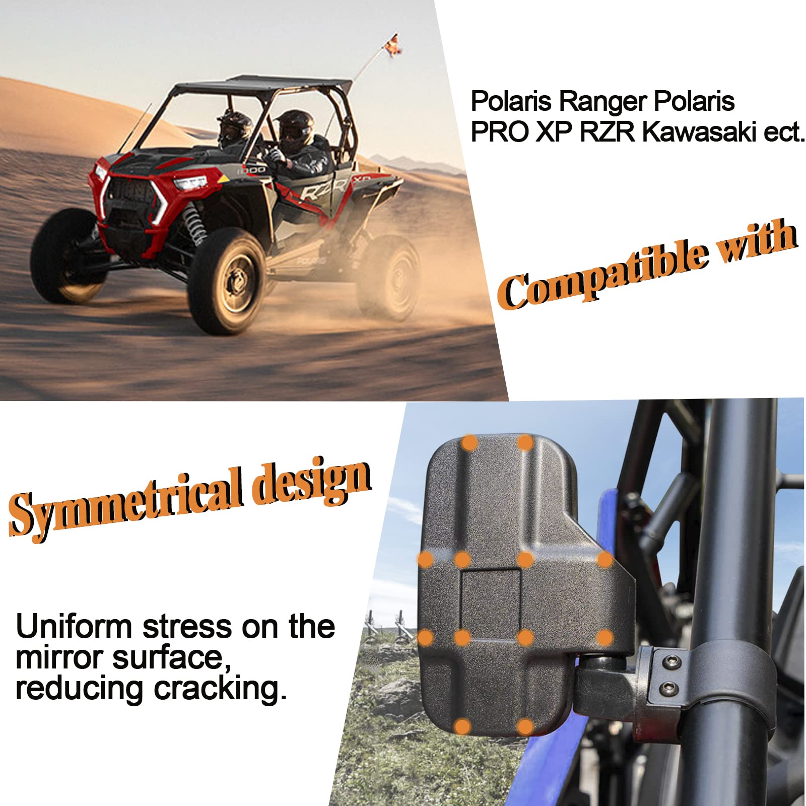 Utv Side Rear View Mirror With 1.75' To 2' Roll Bar Cage Compatible With Polaris Rzr Honda Pioneer Yamaha Rhino Kawasaki Teryx, With Center View Mirror