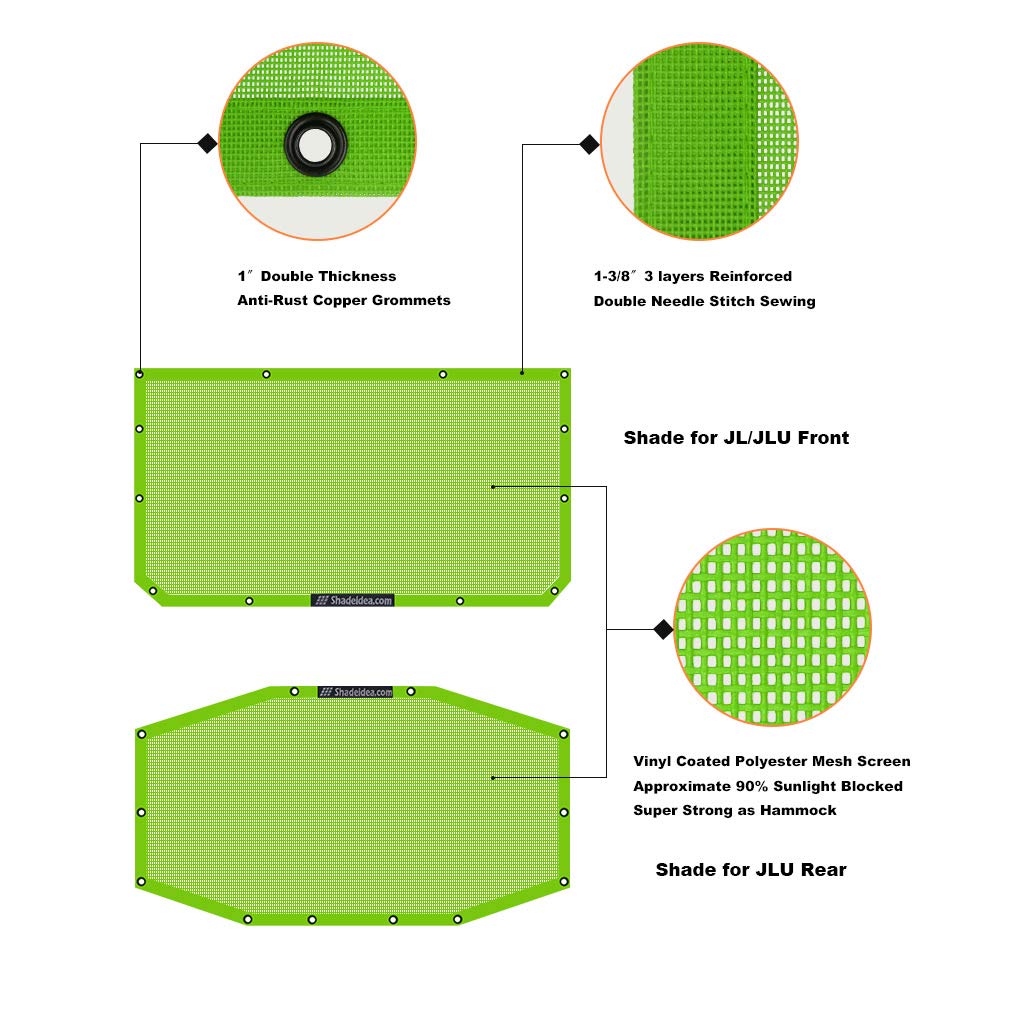 Shadeidea Sun Shade For Jeep Wrangler Jl Unlimited (2018-2023) 4 Door Front And Rear 2 Piece-Green Mesh Screen Sunshade Jlu Top