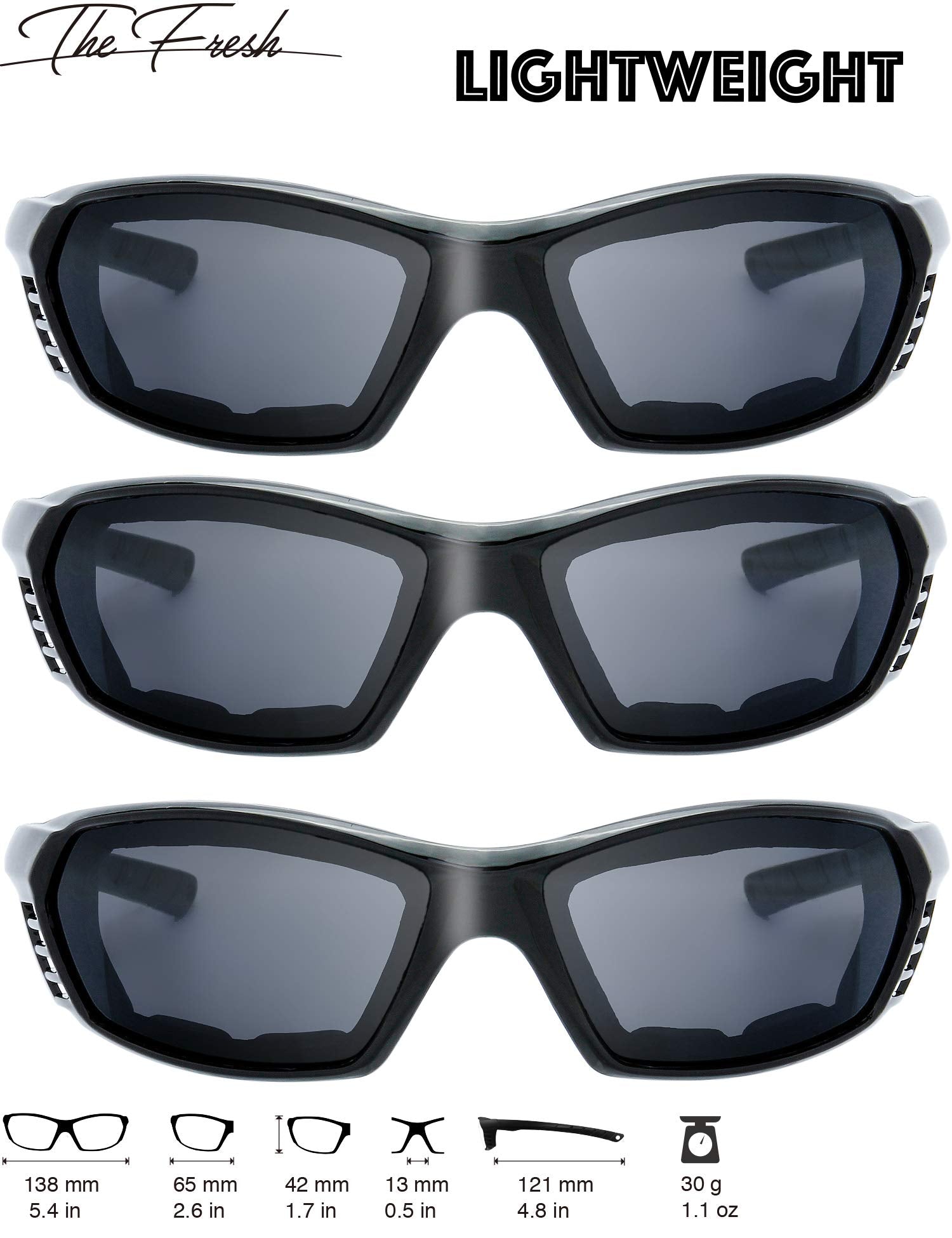 The Fresh Motorcycle Riding Glasses Padded Frame Lens Block 100% Uvb For Outdoor Activity Sport (21-Black, 3 Pairs Of Grey)