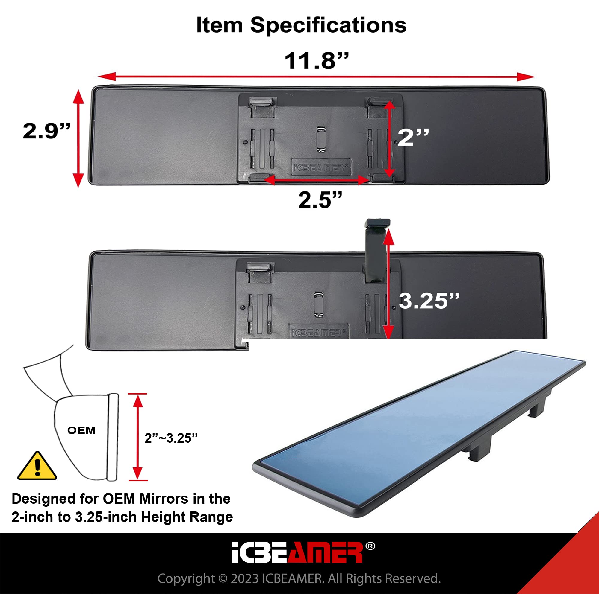 Icbeamer 11.8'' Car Rear View Mirror, Blue Tint Flat Surface, 300Mm Panoramic Accessories, Wide Angle Blindspot For Car, Rubber