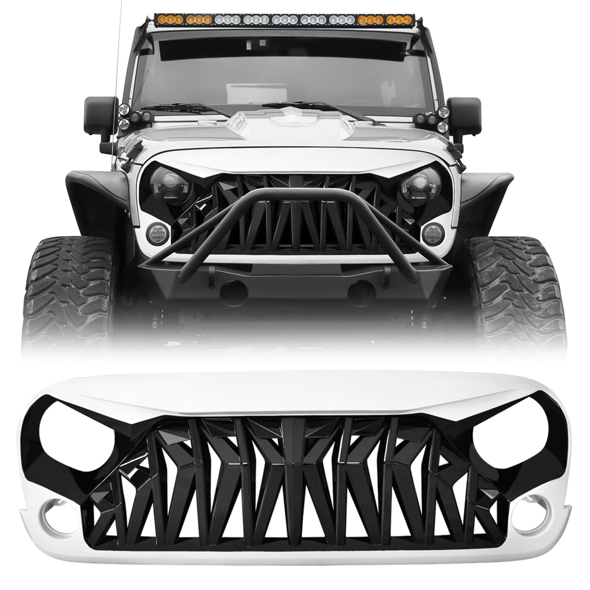 Icars Front Grill Shark Grille Compatible With 2007-2018 Jeep Wrangler Rubicon Sahara Sport Jk Jku, White And Black