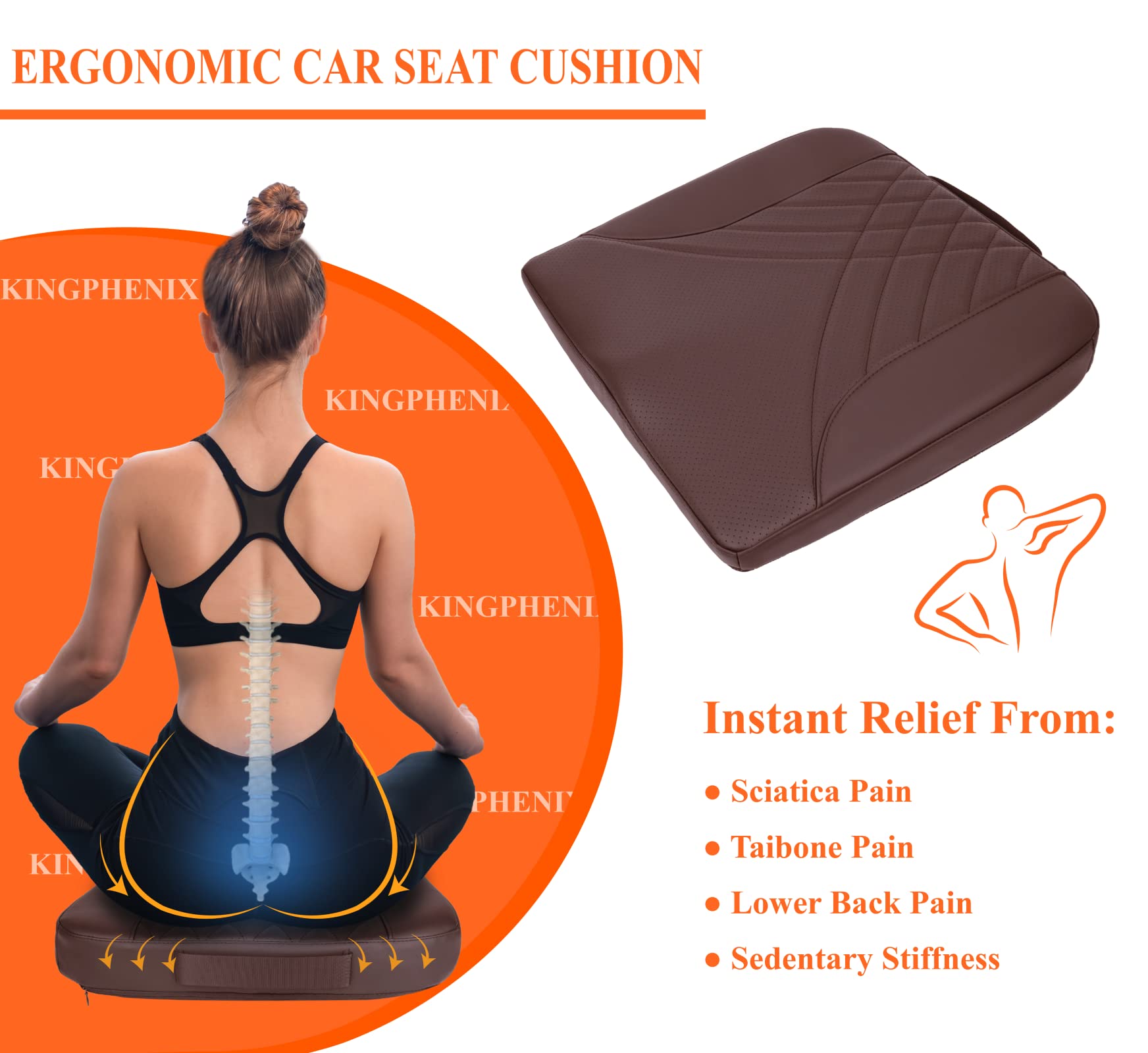 Kingphenix Premium Car Seat Cushion, Memory Foam Driver Seat Cushion To Improve Driving View- Coccyx & Lower Back Pain Relief- S