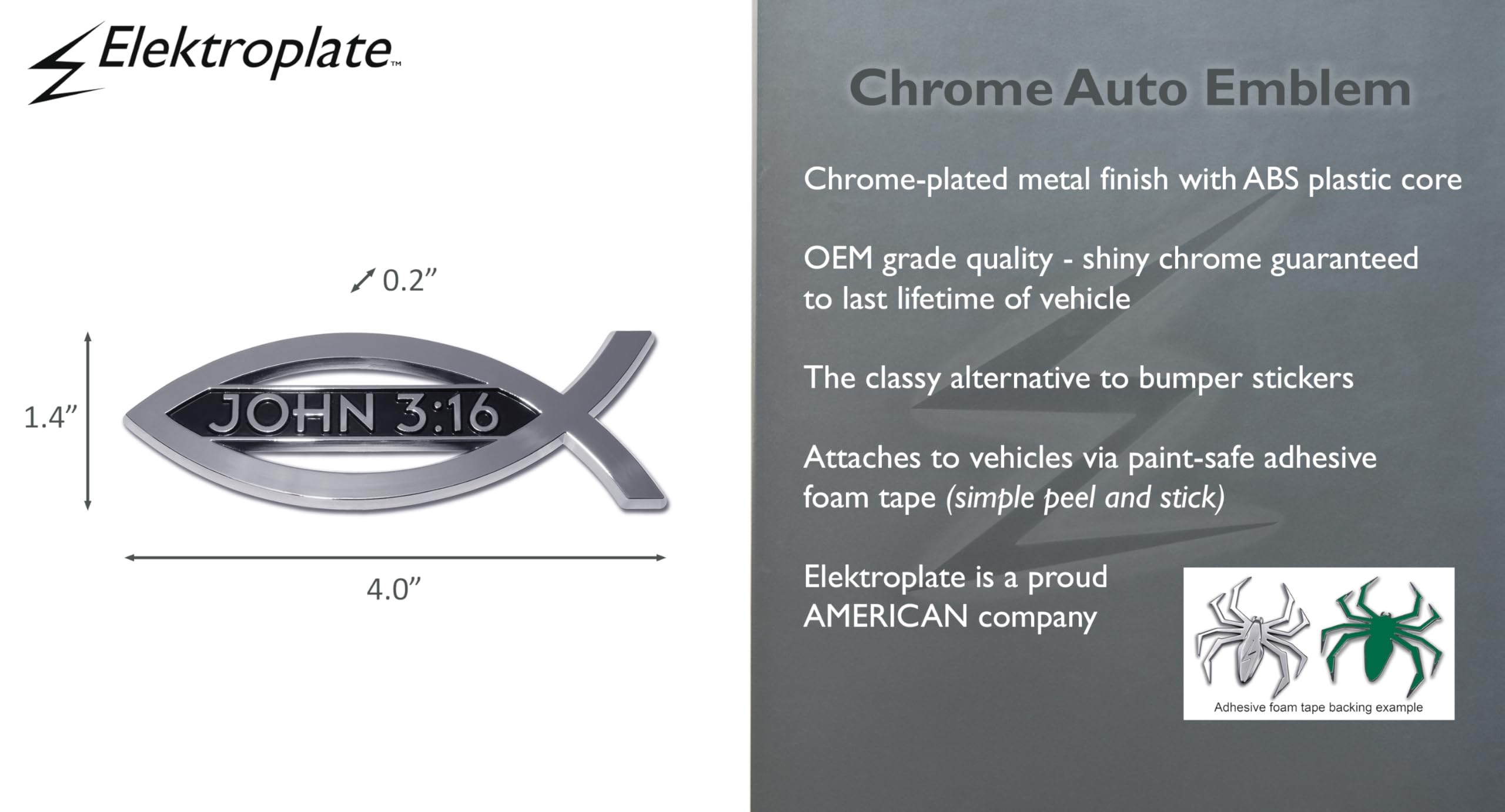 Elektroplate Christian Fish with John 3:16 OEM Chrome Emblem for Cars, Trucks, and All Auto | Universal Fit at 4&quot; x 1.4&quot; | Weatherproof