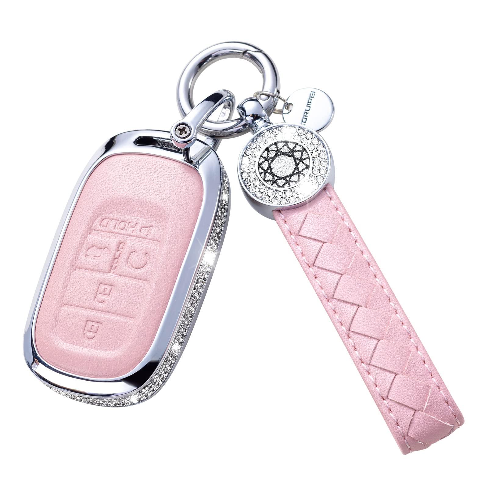 Ruabiban For Honda Key Fob Cover With Keychain, Pink Genuine Leather Crystal Key Case Protection Shell Compatible With 2022 Hond