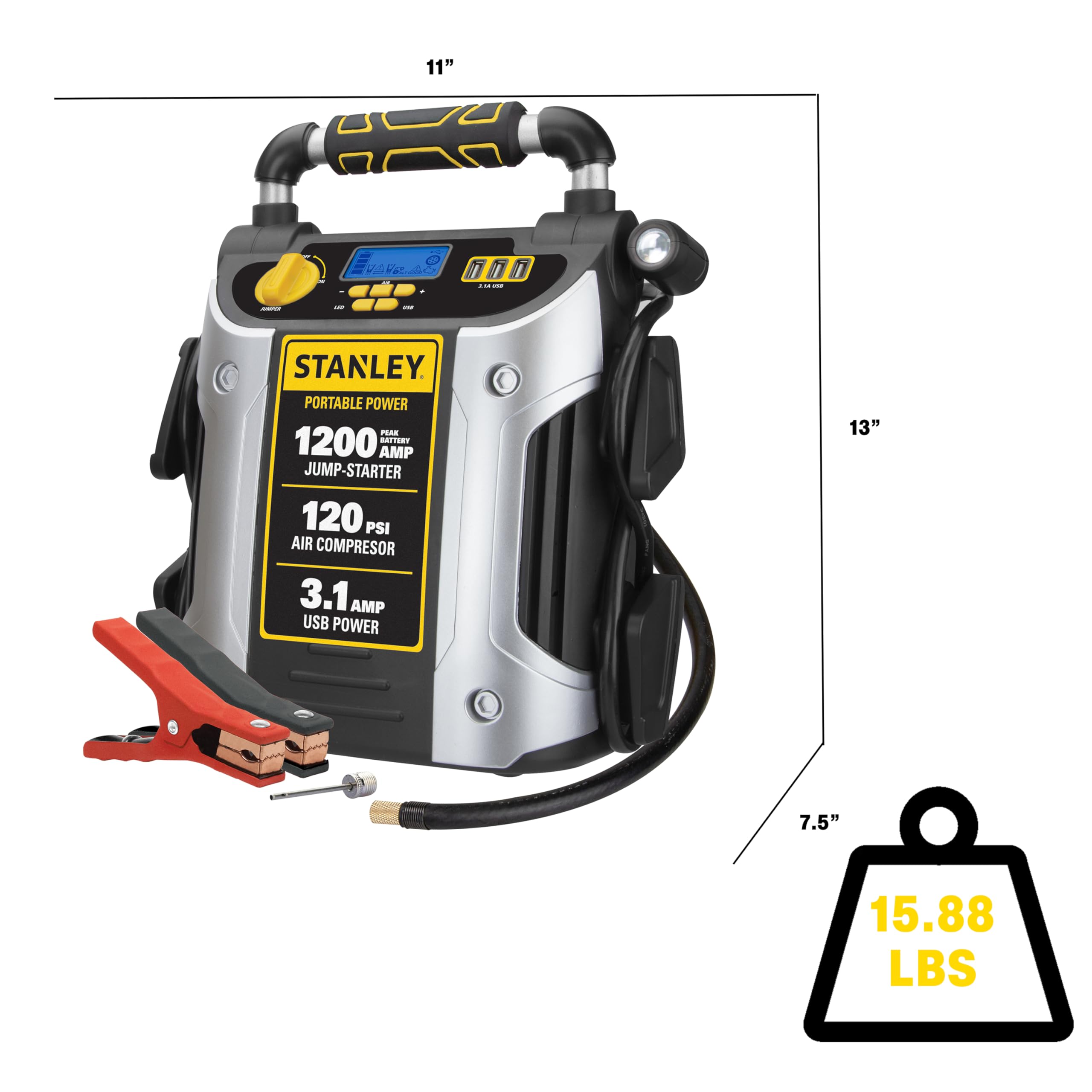 1200 Peak Amp Automotive Jump Starter, Portable Power - 2.1A/10W Usb Port, 120 Psi Air Compressor