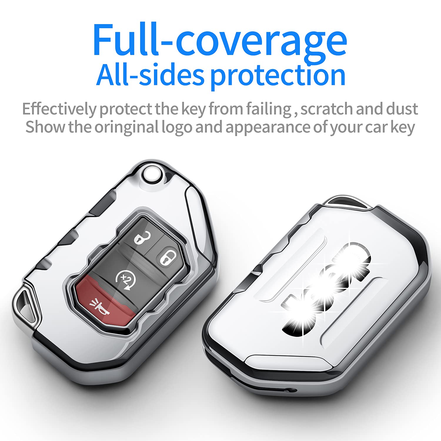 Autophone Compatible With Jeep Key Fob Cover With Leather Keychain Soft Tpu Protection Key Case For 2018 2019 2020 2021 Wrangler Jl Gladiator Remote Key (Silver)