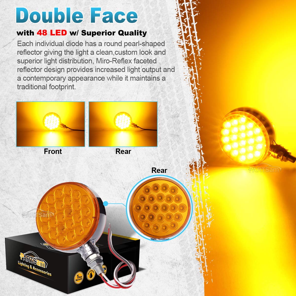 Partsam 2pcs Round Double Face Amber 48LED Pedestal Fender Rear Turn Signal Parking Lights Post Mount, Dual-face Led Marker Trai