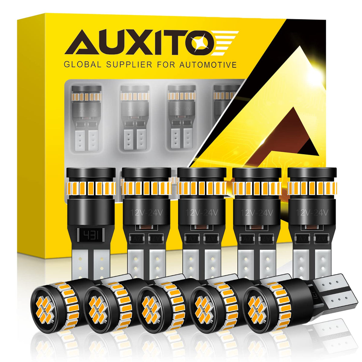 Auxito 194 Led Light Bulb, Amber Yellow 168 2825 W5W T10 Wedge 24-Smd 3014 Bright Chips Error Free For Car Dome Map Door Parking
