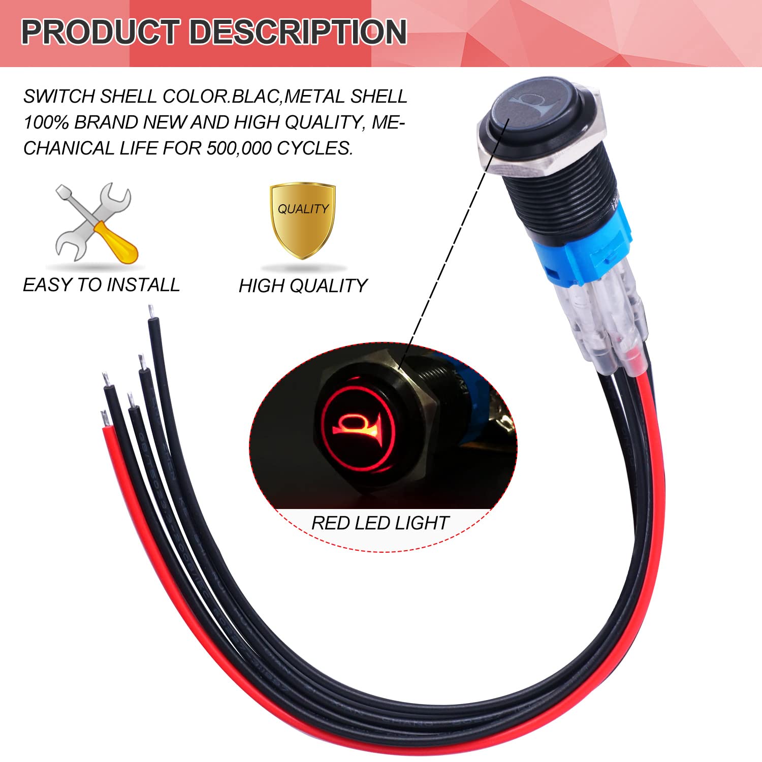 Twidec/16Mm Raised Speaker Horn Momentary Push Button Switch 5/8'' Mounting Hole 12V Red Led Light Black Stainless Steel Shell 1