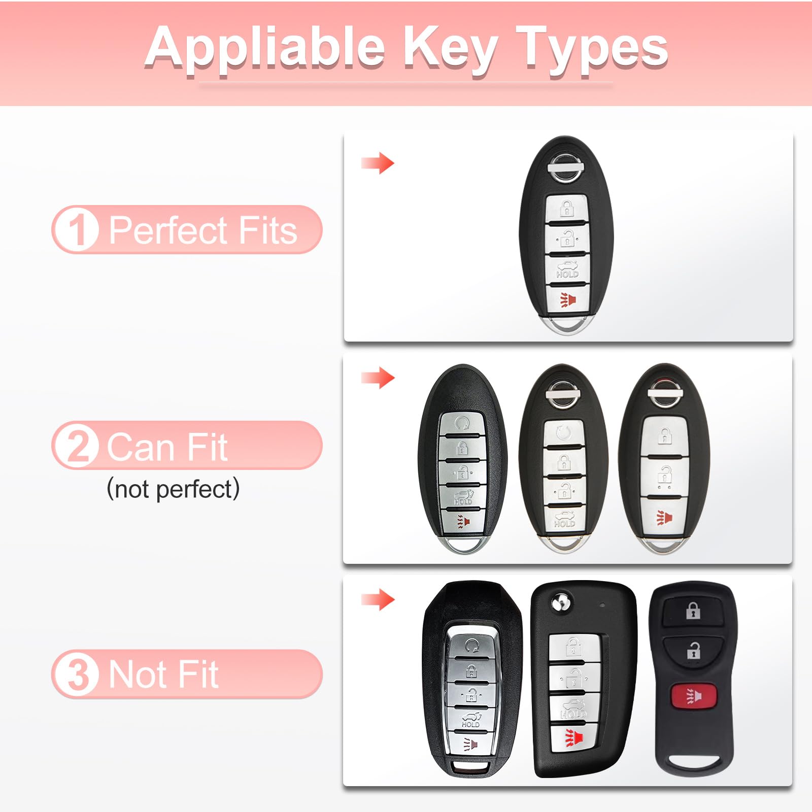 Pangpai Pink Car Accessories 3 Pcs for 4 Buttons Nissan Key Fob Cover with Bling Keychain Cute Push to Start Button Cover