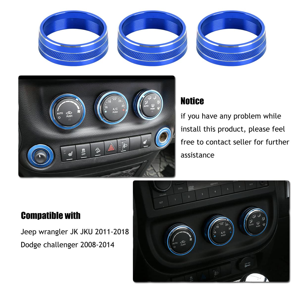 Ebaifun Blue Auto Air Conditioner Ac Climate Control Knob Button Cover Twist Switch Decal Trim Aluminum Ring Accessories Compati