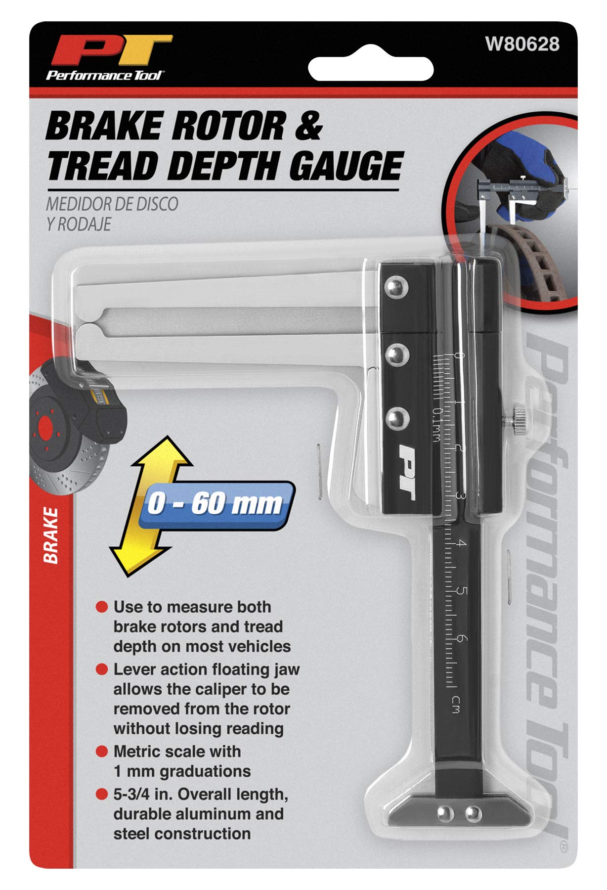 Performance Tool W80628 Brake Rotor Caliper And Tire Tread Depth Gauge With Metric Scale, Lever Action Floating Jaw, And T-Base For Most Vehicles
