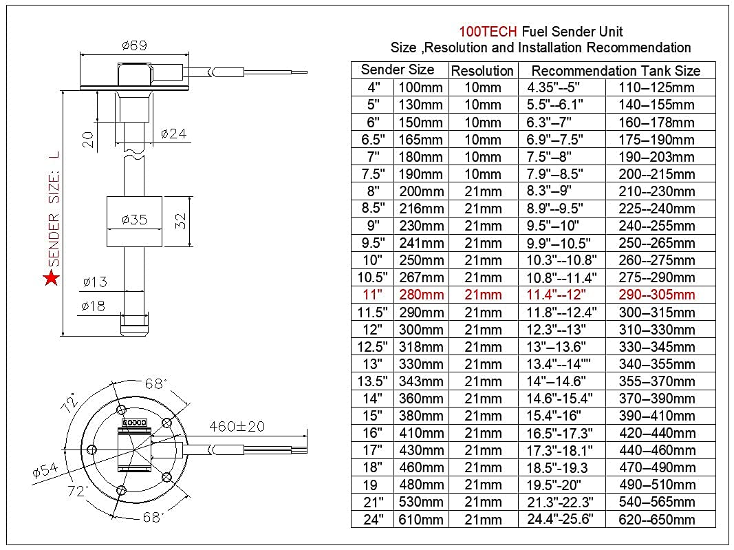 100TECH Fuel Sending Unit 240-33 ohms 11''(280mm Marine for Boat Vehicle Truck RV Fuel Tank Sending Unit Fuel Water Level Sendin