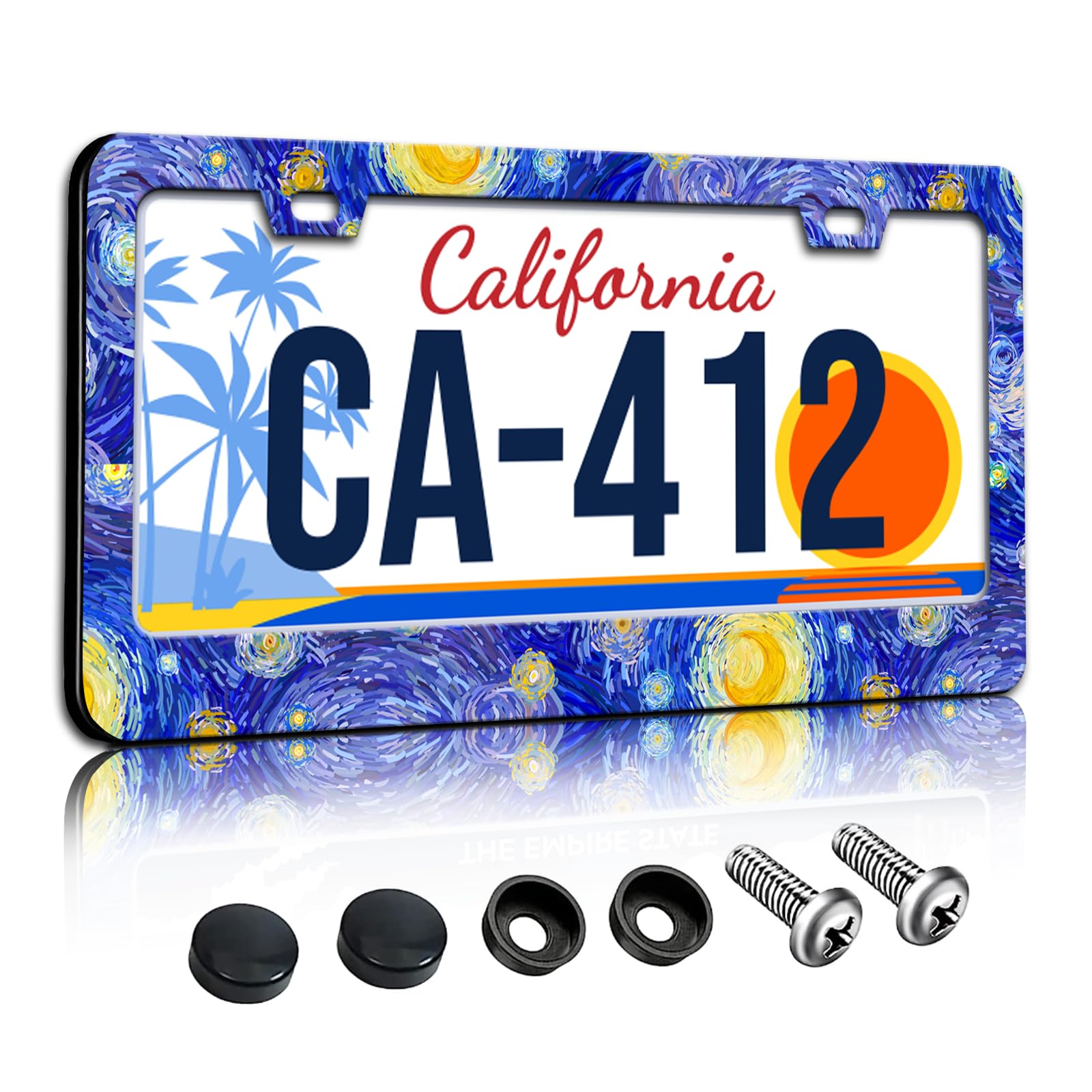 Starry Night License Plate Frames Blue Sky Van Gogh License Plate Holder for Car Decor Parts Stainless Steel License Plate Cover