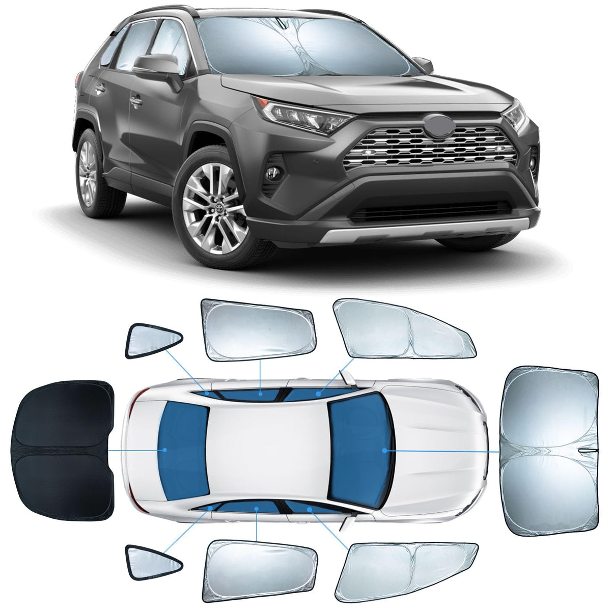 8 PCS Sun Shades for Toyota RAV4 Windshield Sunshade, 2-Layer Full Window Shades for RAV4 2019-2025 Front Rear Side Window Cover