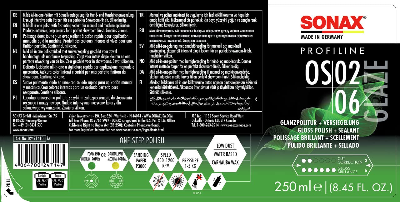 Sonax Glaze Os 02-06 247141 | All-In-One Car Polish For Scratch Removal, High-Gloss Finish & Ceramic Protection | Sio2-Based 6-Month Durability | Hologram-Free Results For All Paint | 250Ml