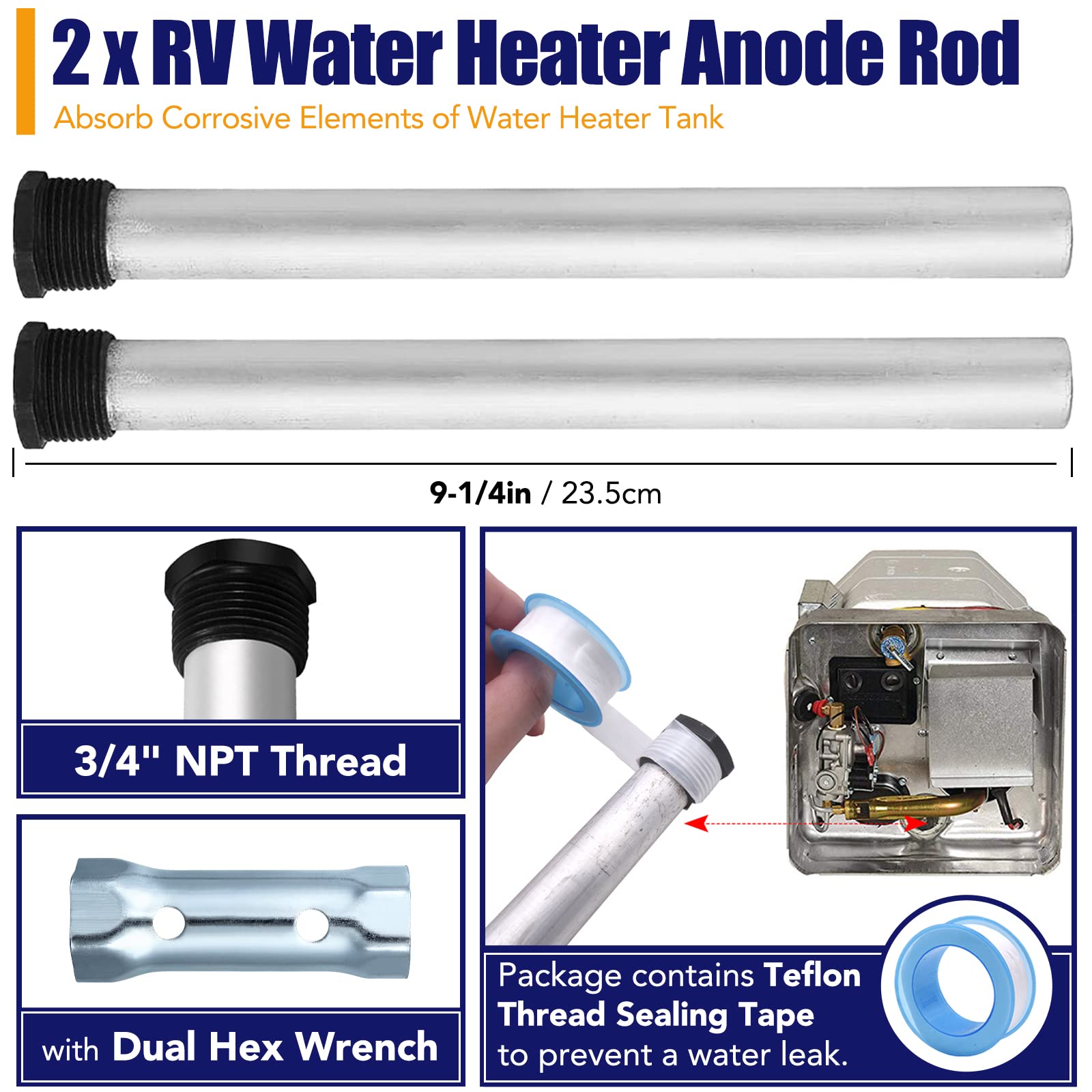 5Pack Rv Water Heater Anode Rod & Flush Wand & Element Socket - 9.25''L X 3/4''Npt Thread Magnesium Rod For Suburban, Mor-Flo, C
