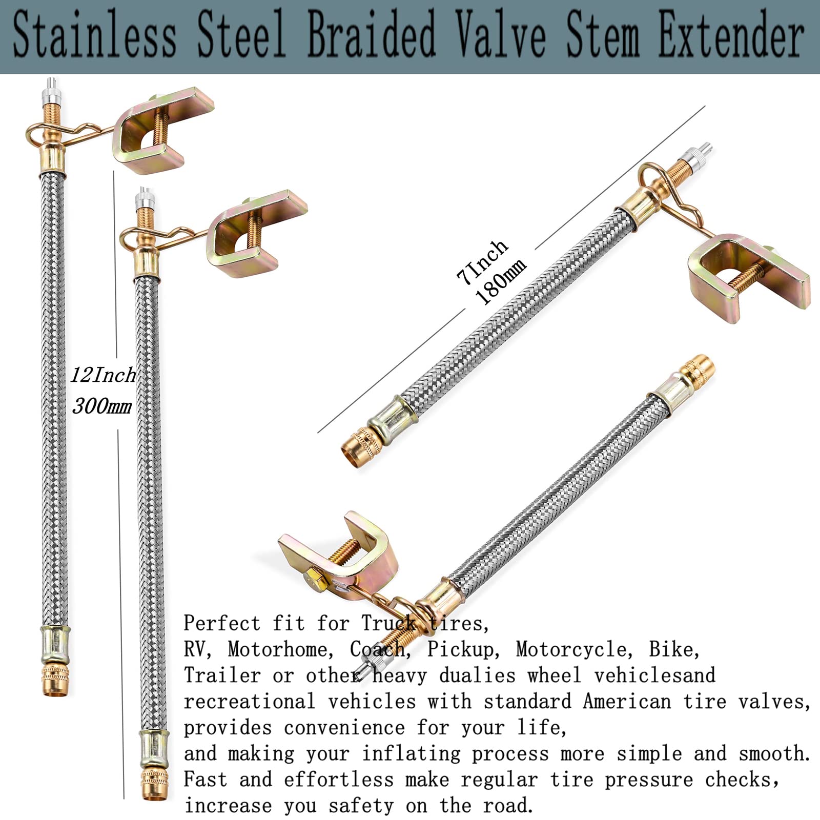 Valve Stem Extenders,4Pcs 7Inch And 12 Inch Dual Flexible Stainless Steel Braided Valve Stem Extensions,6Pieces 45 90 135 Degree
