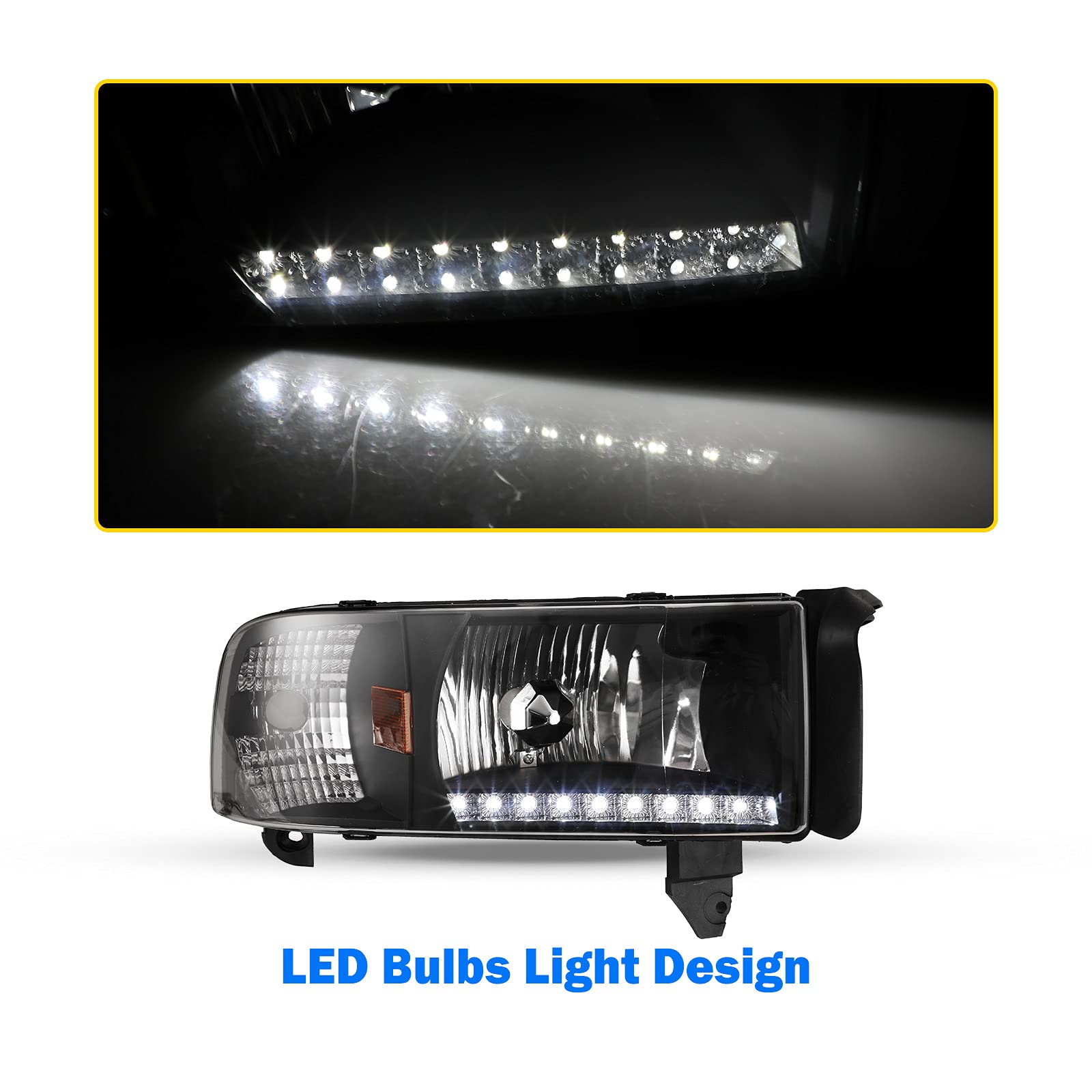 Wolfstorm Headlight For 1994-2001 Dodge Ram 1500/2500/3500 And 2002 Dodge Ram 2500/3500, Headlight Assembly Replacement With Led Light Design