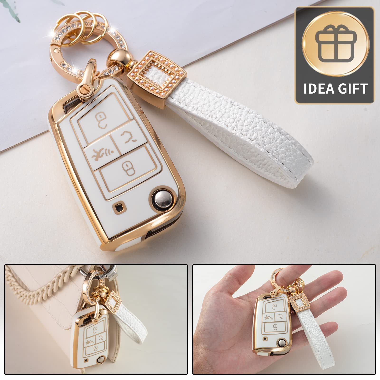 Cacarlike For Vw Volkswagen Key Fob Cover With Leather Lanyard, Car Key Fob Case Compatible With Vw Tiguan Golf Jetta Polo Atlas