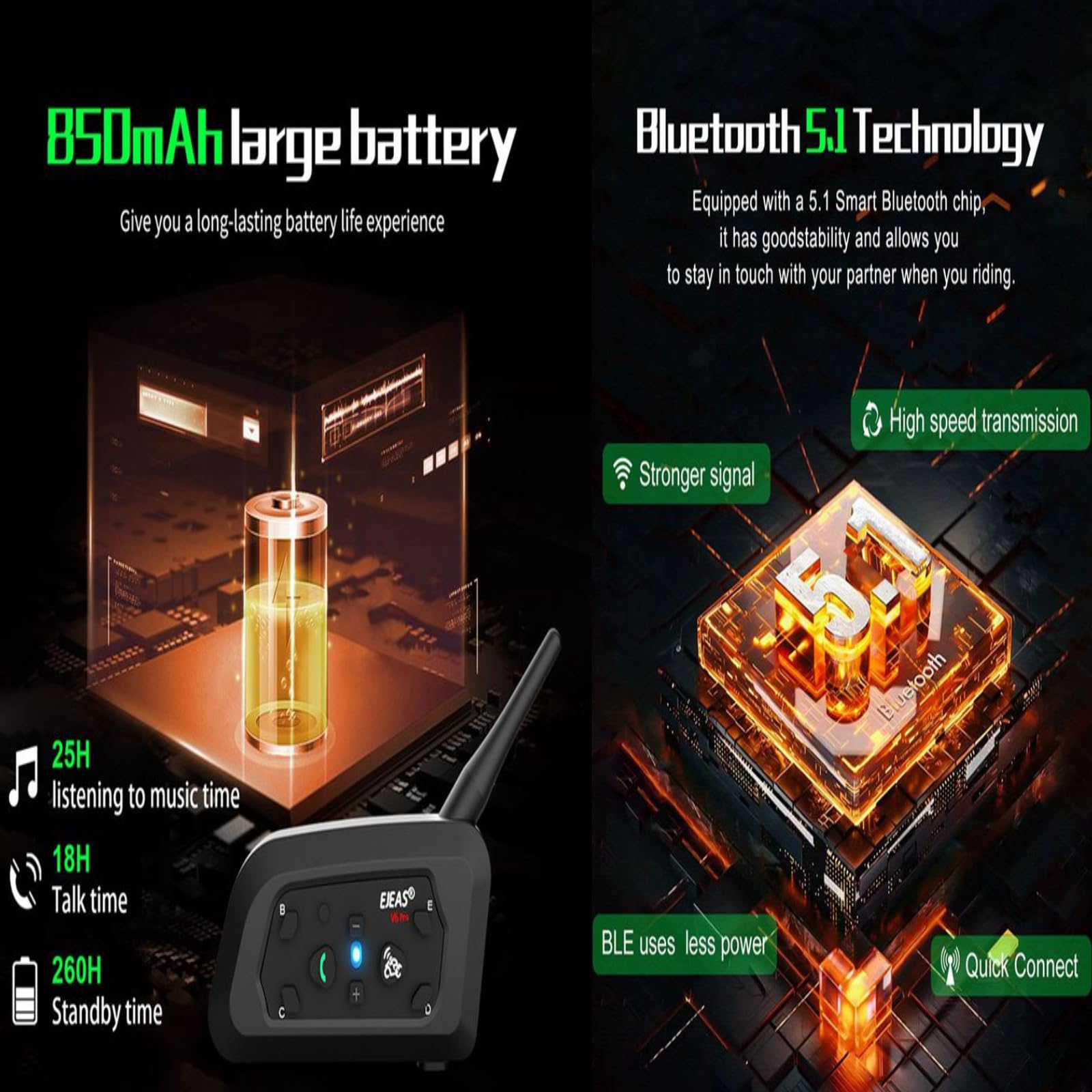 Ejeas Motorcycle Helmet Bluetooth Headset V6 Pro, 2-Way 1200M Motorbike Intercom Communication System For Ski/Atv/Dirt Motorbike