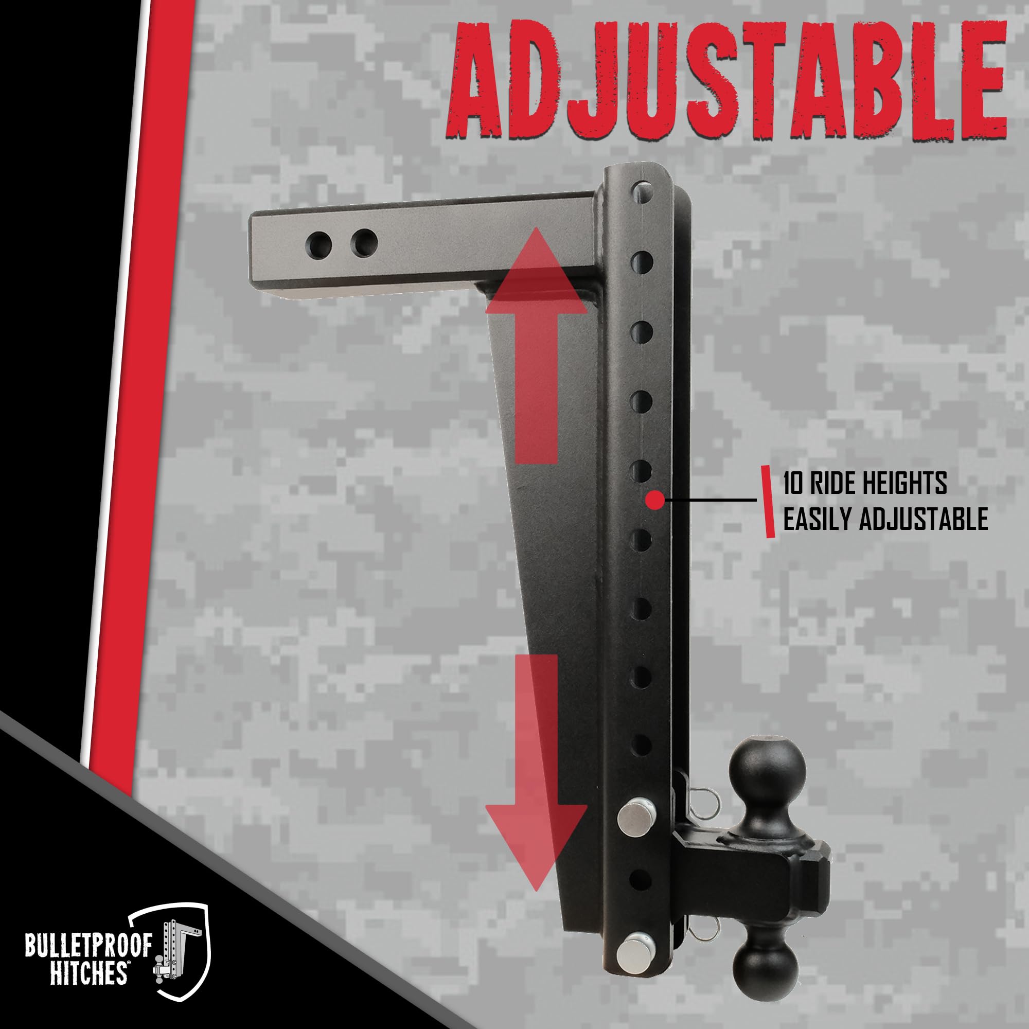 Bulletproof Hitches - 2.5'' Adjustable Heavy Duty Trailer Hitch (22,000 Lb. Rating) - 18'' Drop/Rise Trailer Hitch With 2'' & 2-