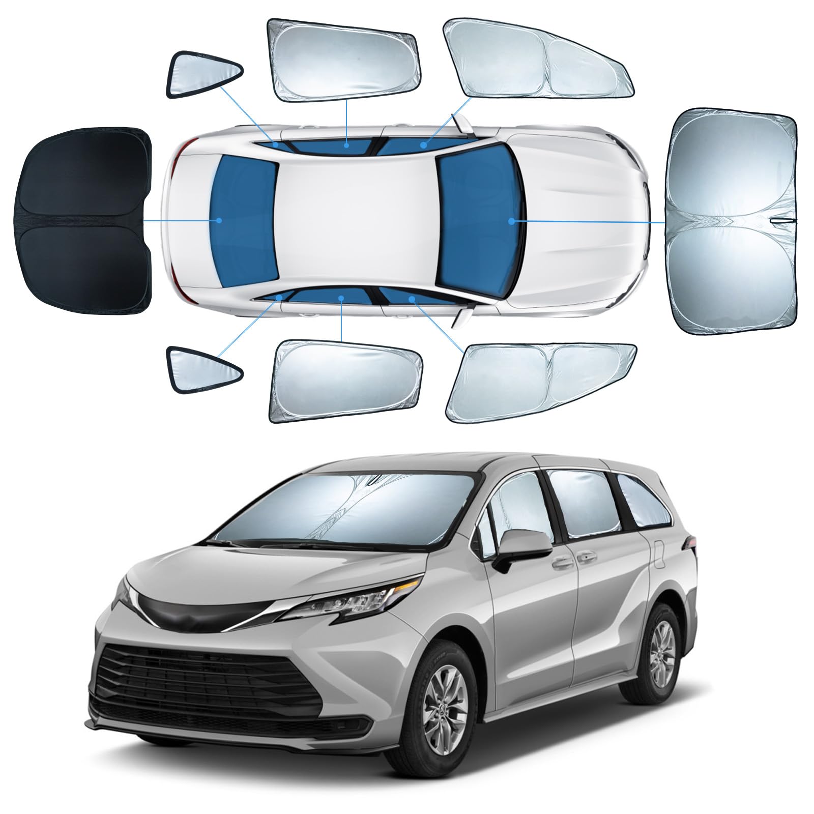 8 PCS Sun Shades for Toyota Sienna Windshield Sunshade, 2-Layer Full Window Shades for Sienna 2021-2025 Front Rear Side Window C