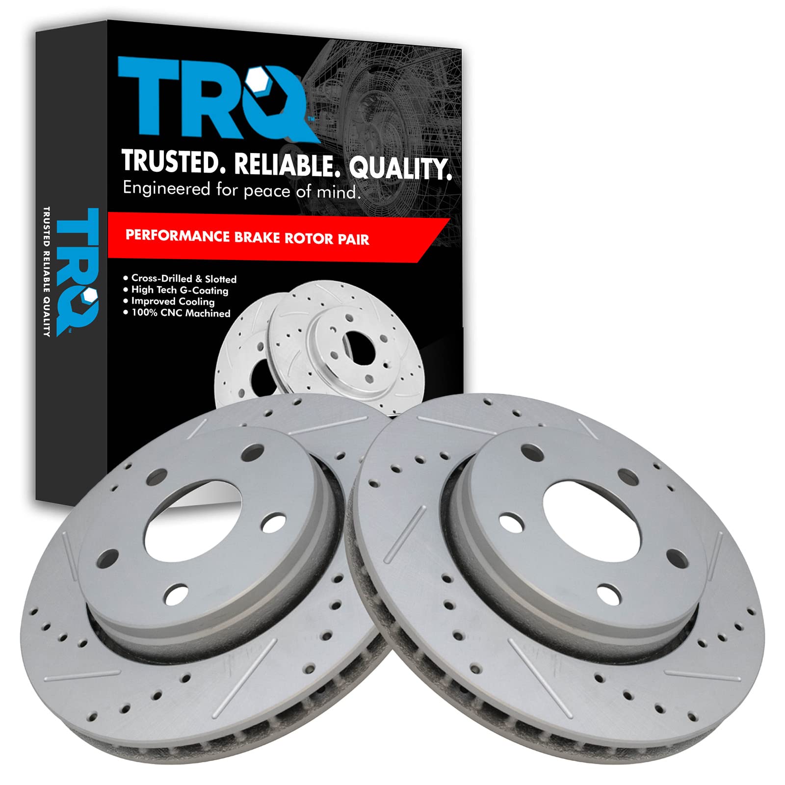 Trq Front Performance Brake Rotors Set Premium G-Coated Cross Drilled & Slotted Compatible With 2007-2017 Jeep Wrangler 2018 Wra