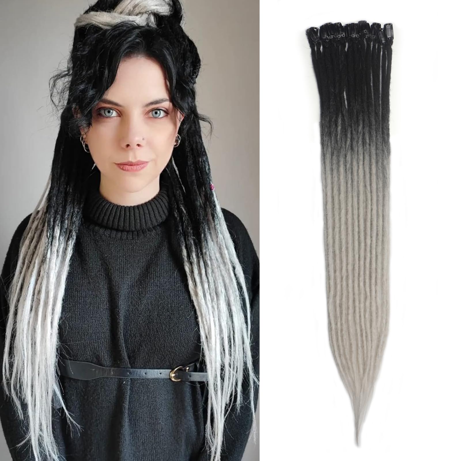 Kyriena 7PCS Single Clip in Dreadlock Extensions  24 Inch Ombre Grey Clip in Fake Dreads Thin 0.6cm Width Hair Extensions  Reggae Hippie Synthetic Single End Dreadlocks for Women-New